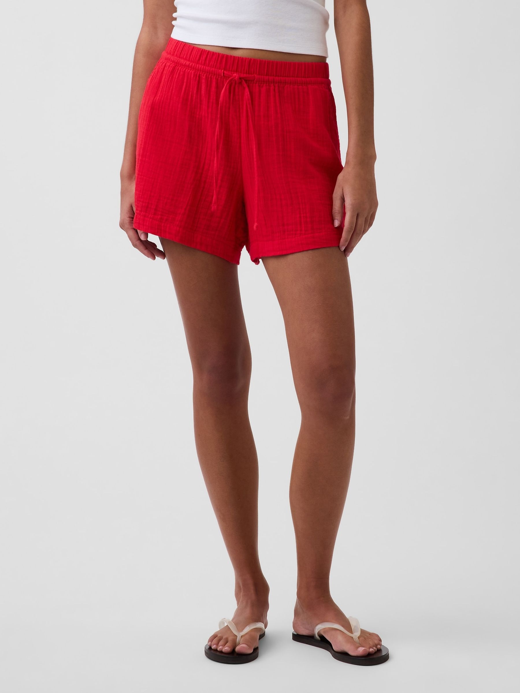 Red 4 inch Mid Rise Cotton Gauze Easy Shorts - Image 1 of 4