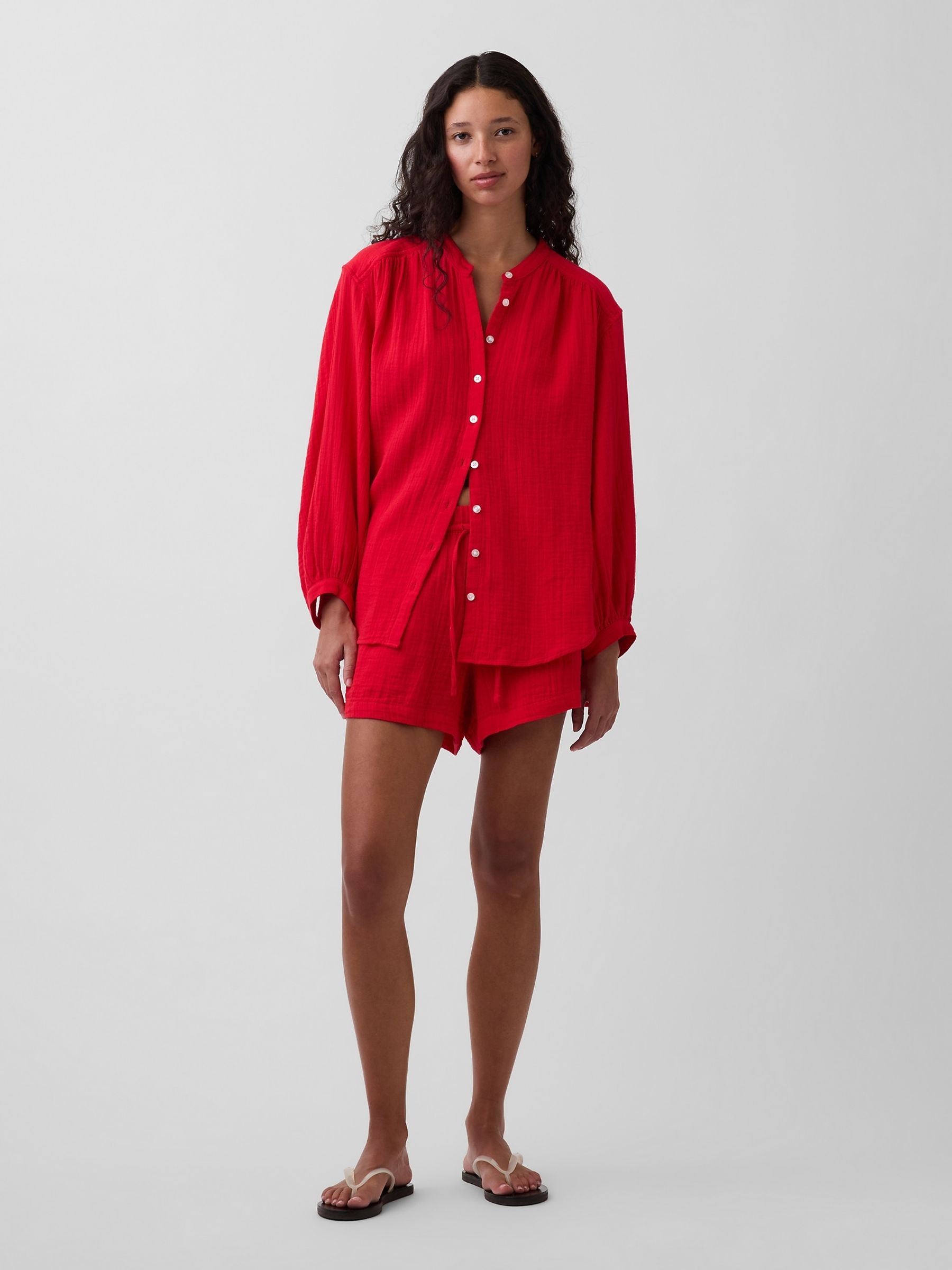 Red 4 inch Mid Rise Cotton Gauze Easy Shorts - Image 4 of 4 Red 4 inch Mid Rise Cotton Gauze Easy Shorts - Image 4 of 4
