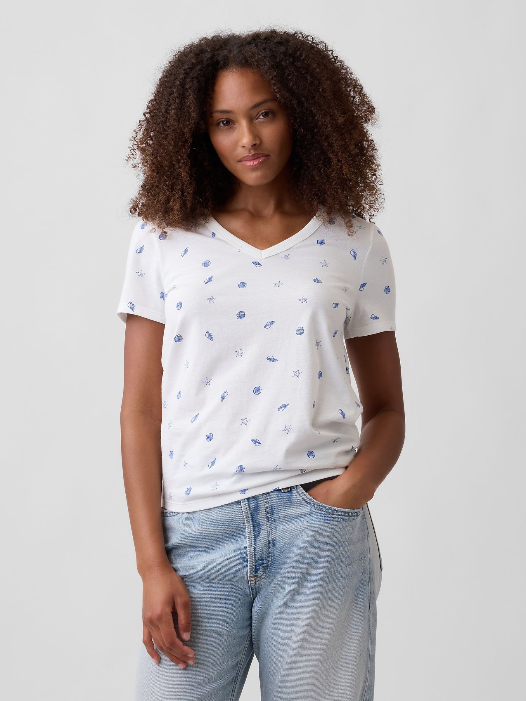 Blue Favorite Print V-Neck Short Sleeve T-Shirt - Image 1 of 5