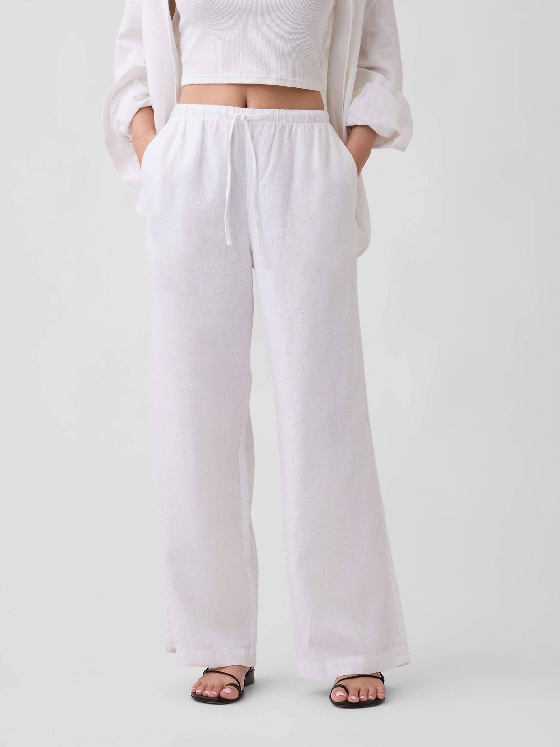 White Relaxed Linen-Blend Wide-Leg Trousers - Image 1 of 6 White Relaxed Linen-Blend Wide-Leg Trousers - Image 1 of 6