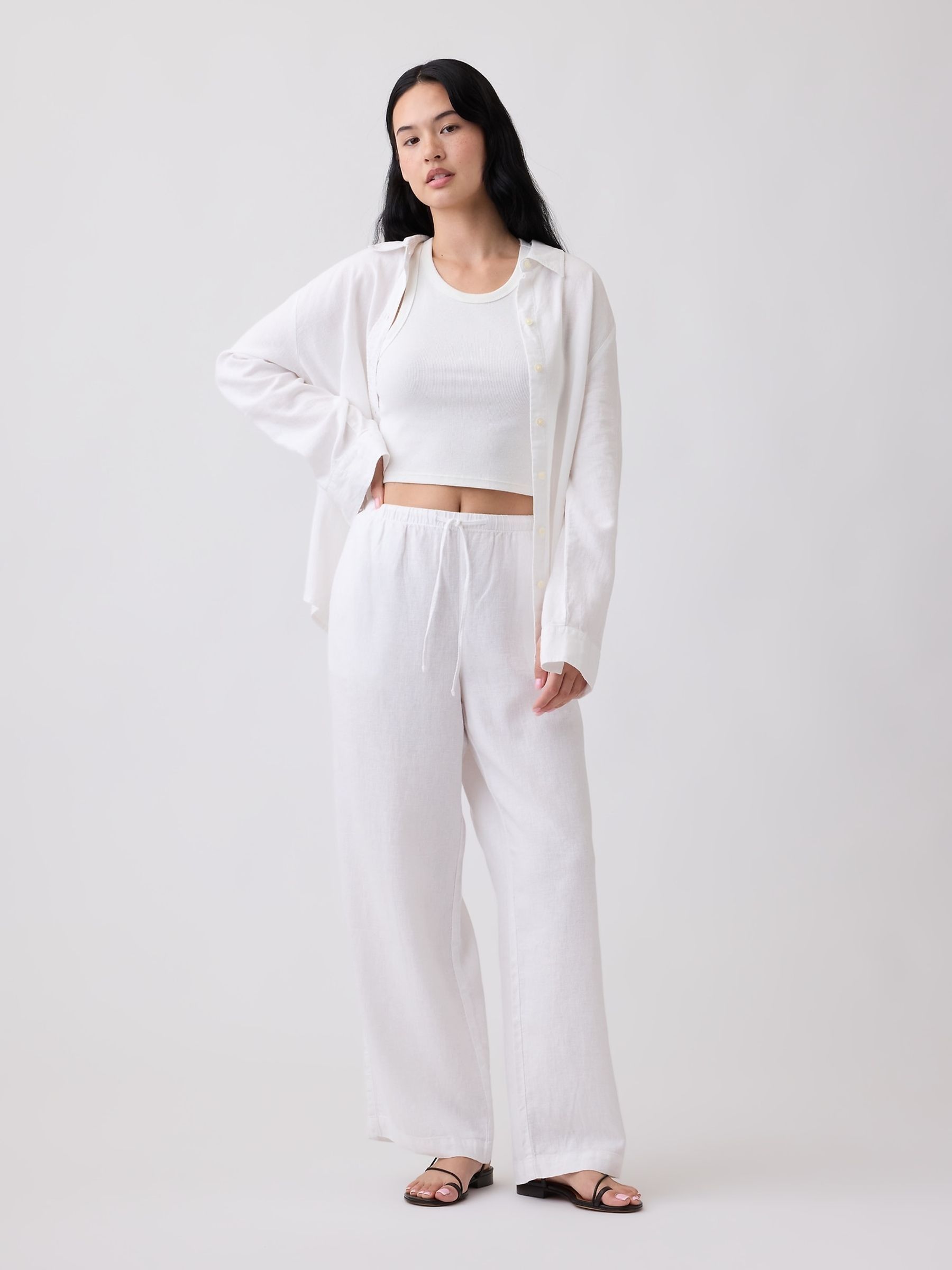White Relaxed Linen-Blend Wide-Leg Trousers - Image 3 of 6
