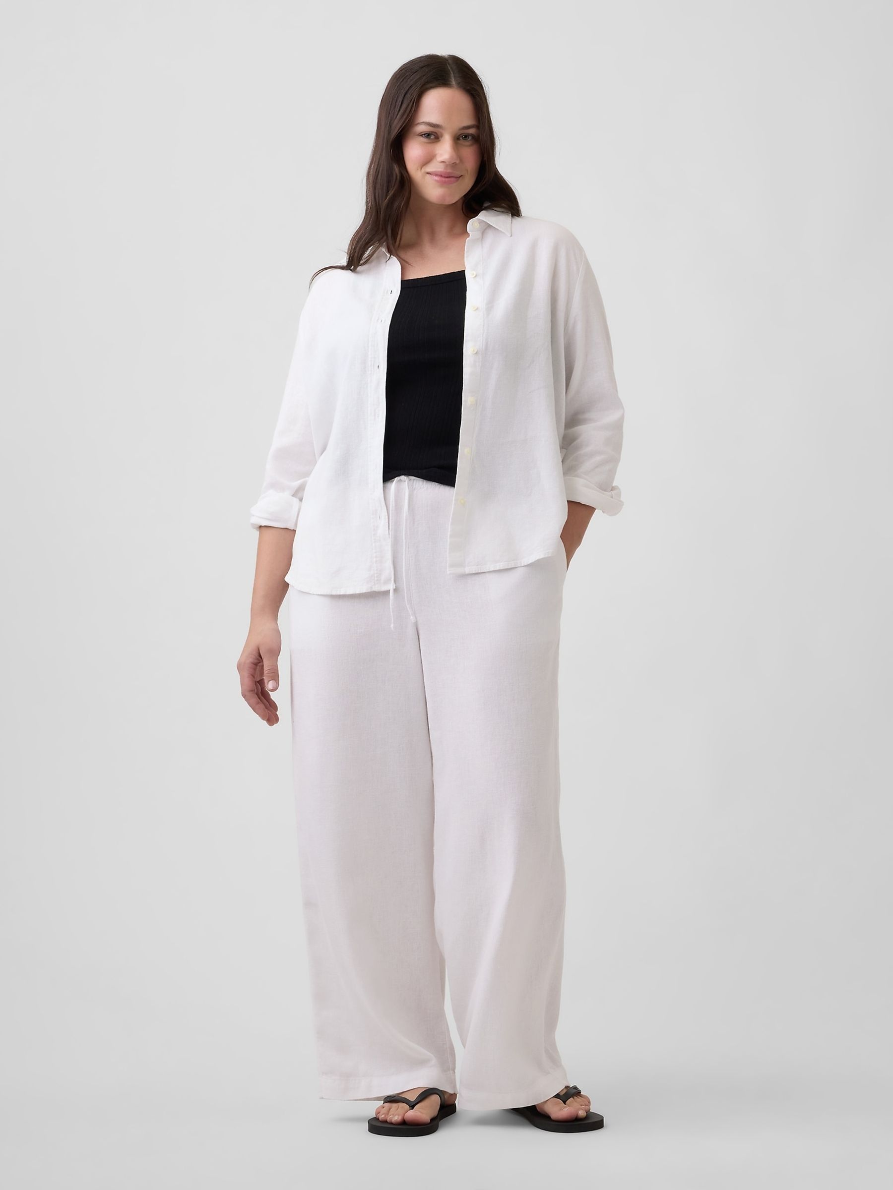 White Relaxed Linen-Blend Wide-Leg Trousers - Image 5 of 6
