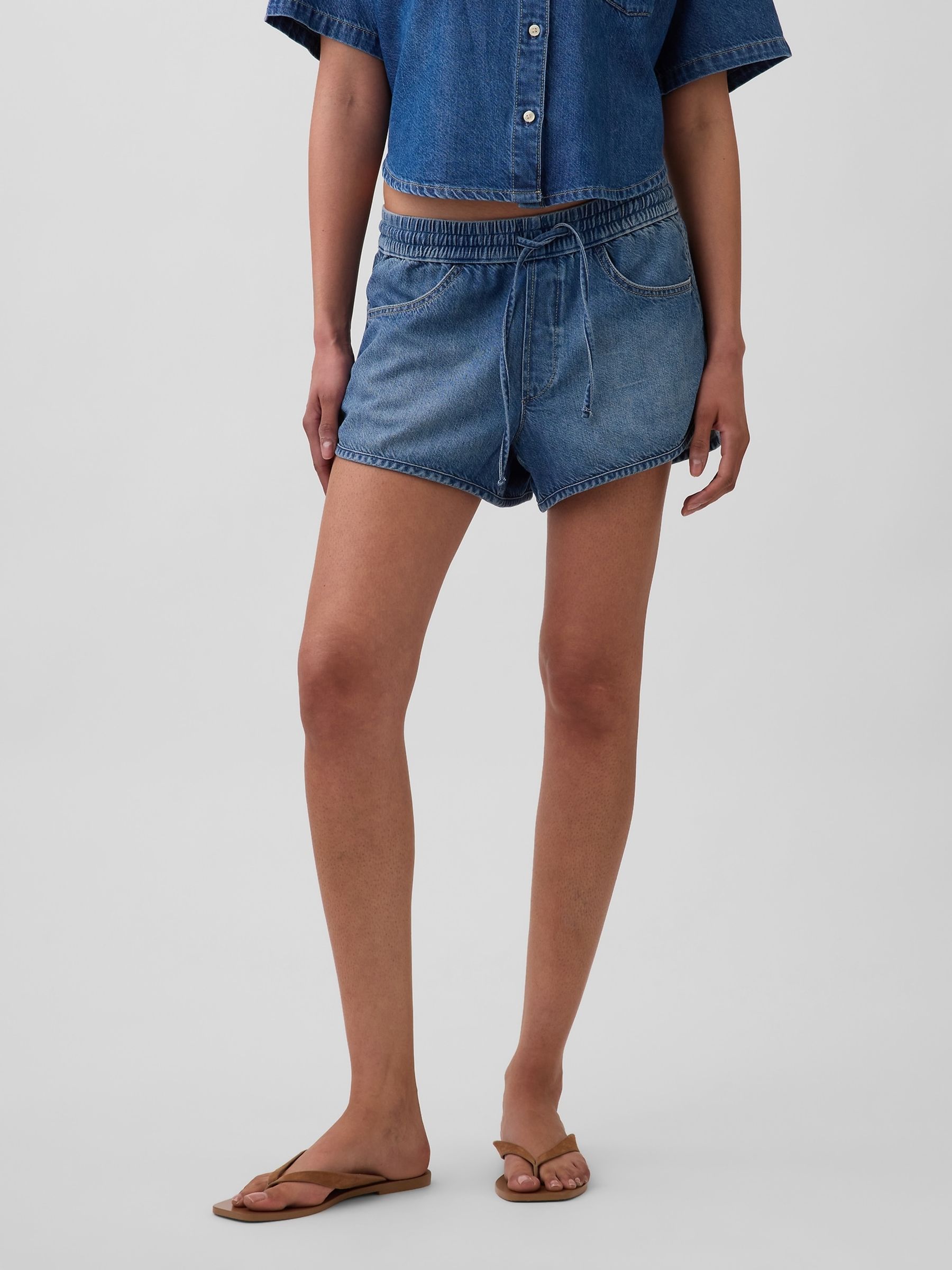 Blue Mid Rise UltraSoft Denim Easy Dolphin Shorts - Image 1 of 4