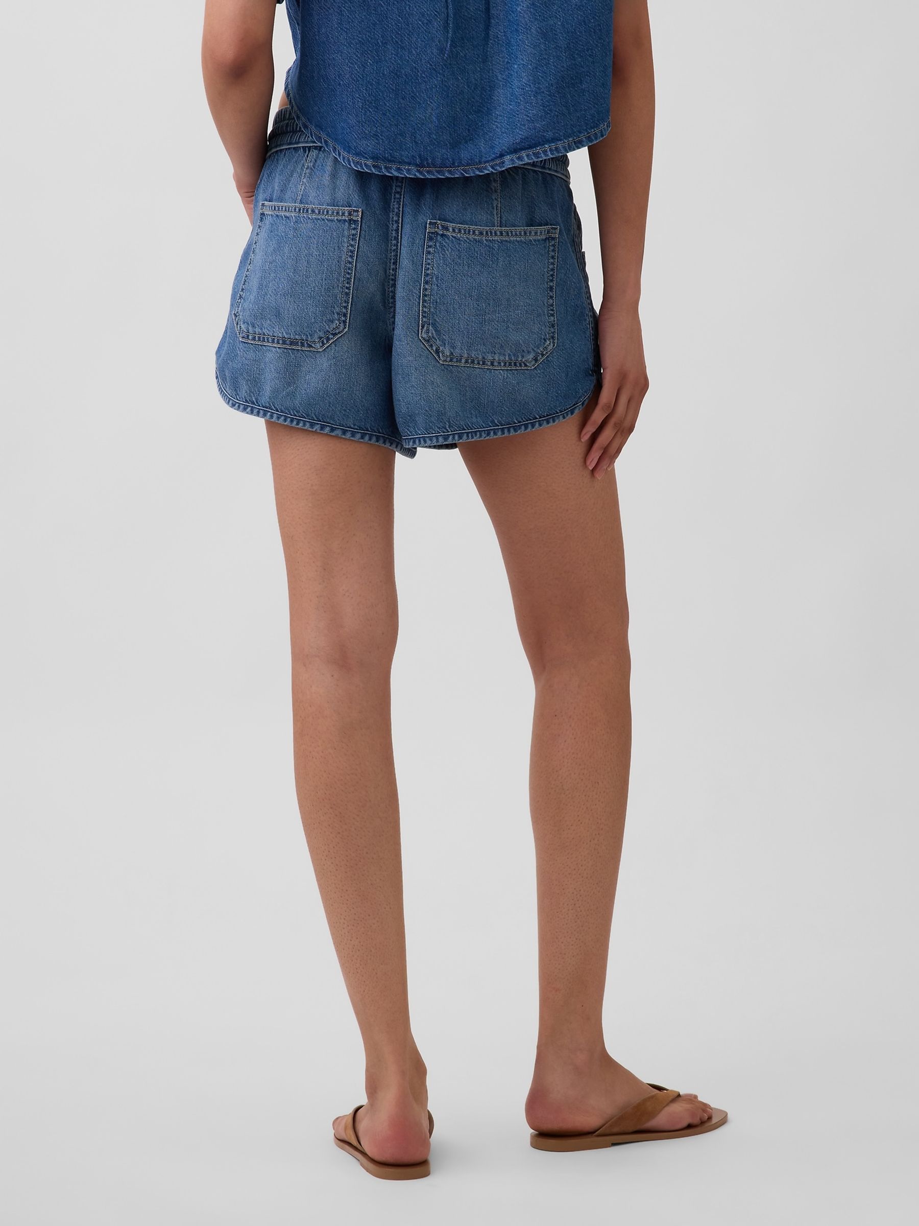 Blue Mid Rise UltraSoft Denim Easy Dolphin Shorts - Image 2 of 4 Blue Mid Rise UltraSoft Denim Easy Dolphin Shorts - Image 2 of 4
