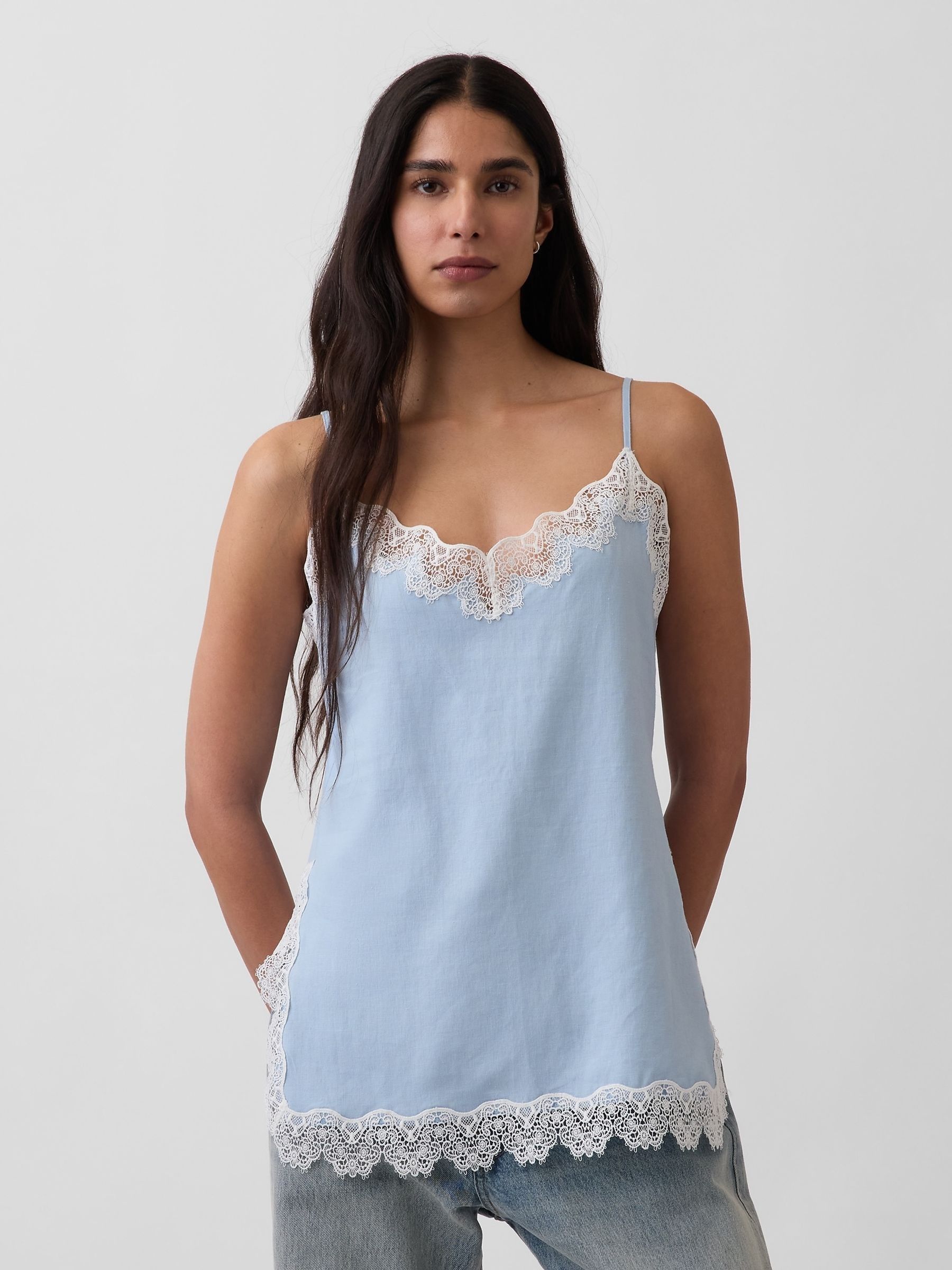 Blue Linen-Blend Lace-Trim Cami - Image 1 of 4 Blue Linen-Blend Lace-Trim Cami - Image 1 of 4