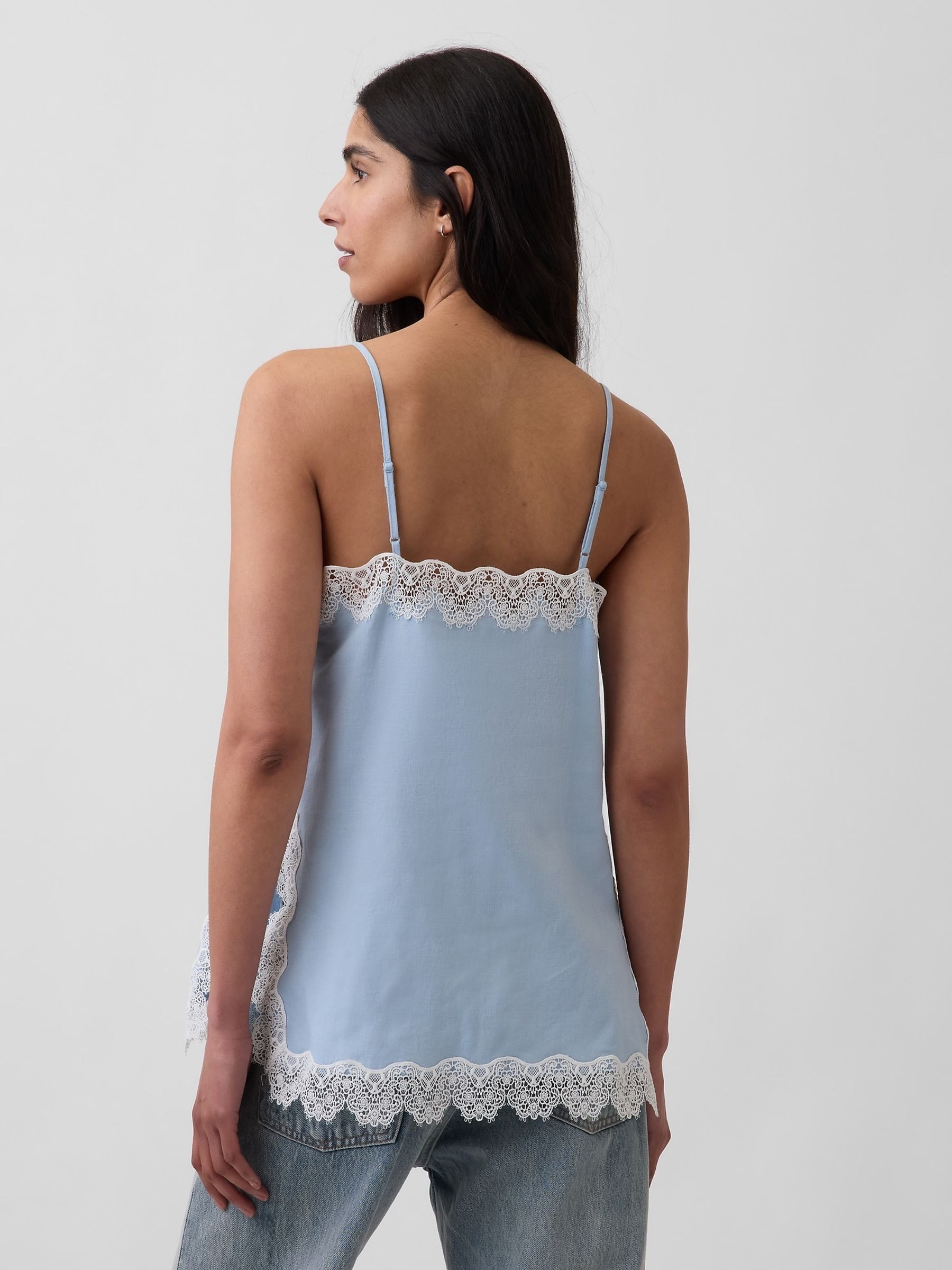 Blue Linen-Blend Lace-Trim Cami - Image 2 of 4 Blue Linen-Blend Lace-Trim Cami - Image 2 of 4
