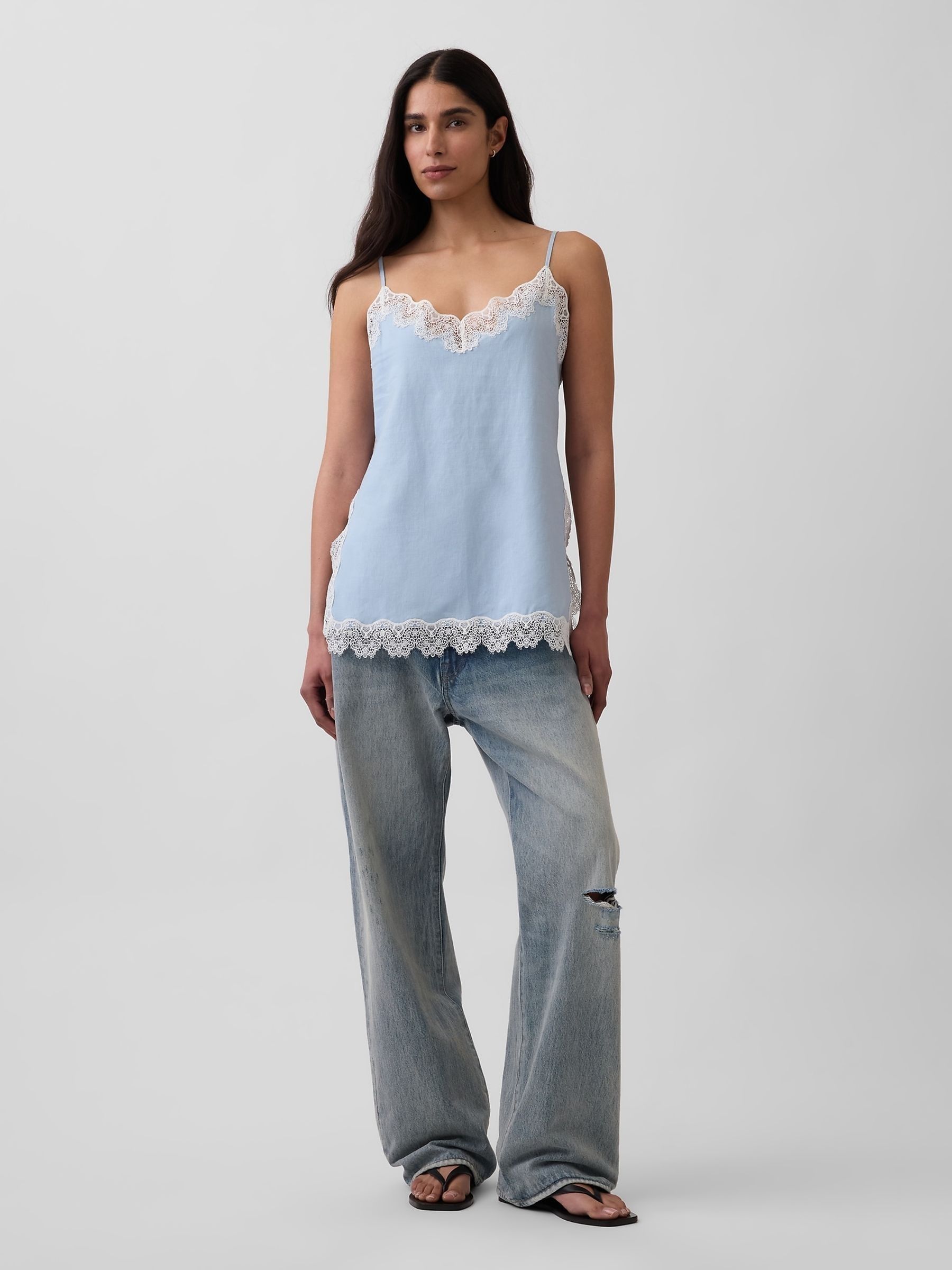 Blue Linen-Blend Lace-Trim Cami - Image 3 of 4
