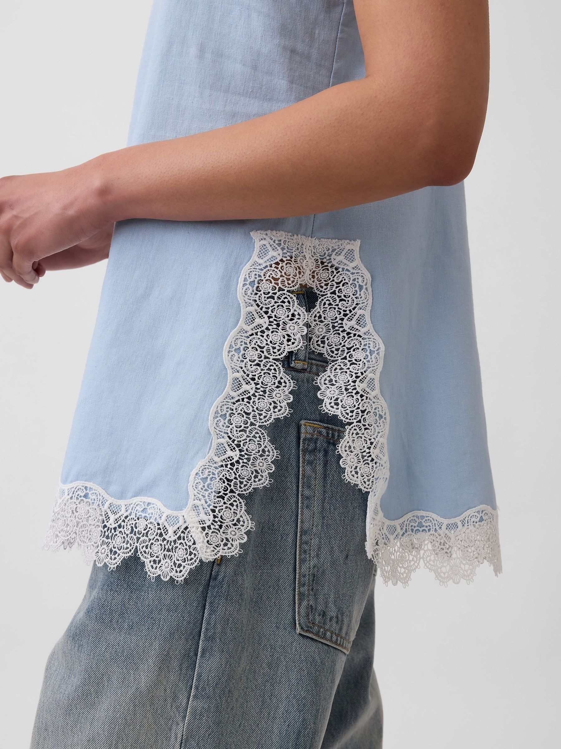 Blue Linen-Blend Lace-Trim Cami - Image 4 of 4