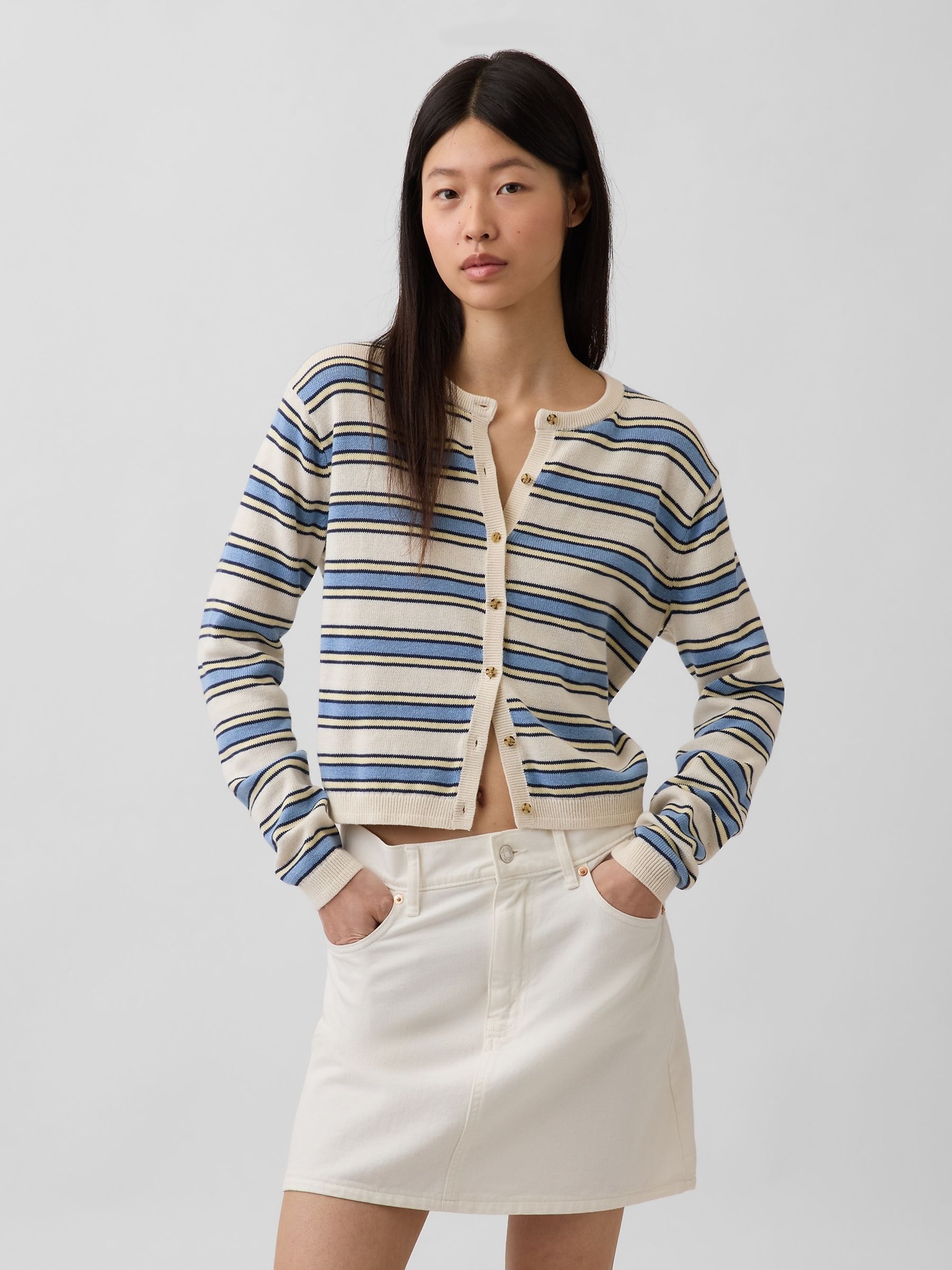 Cream/Blue stripe Relaxed Crop Cardigan - Image 1 of 4