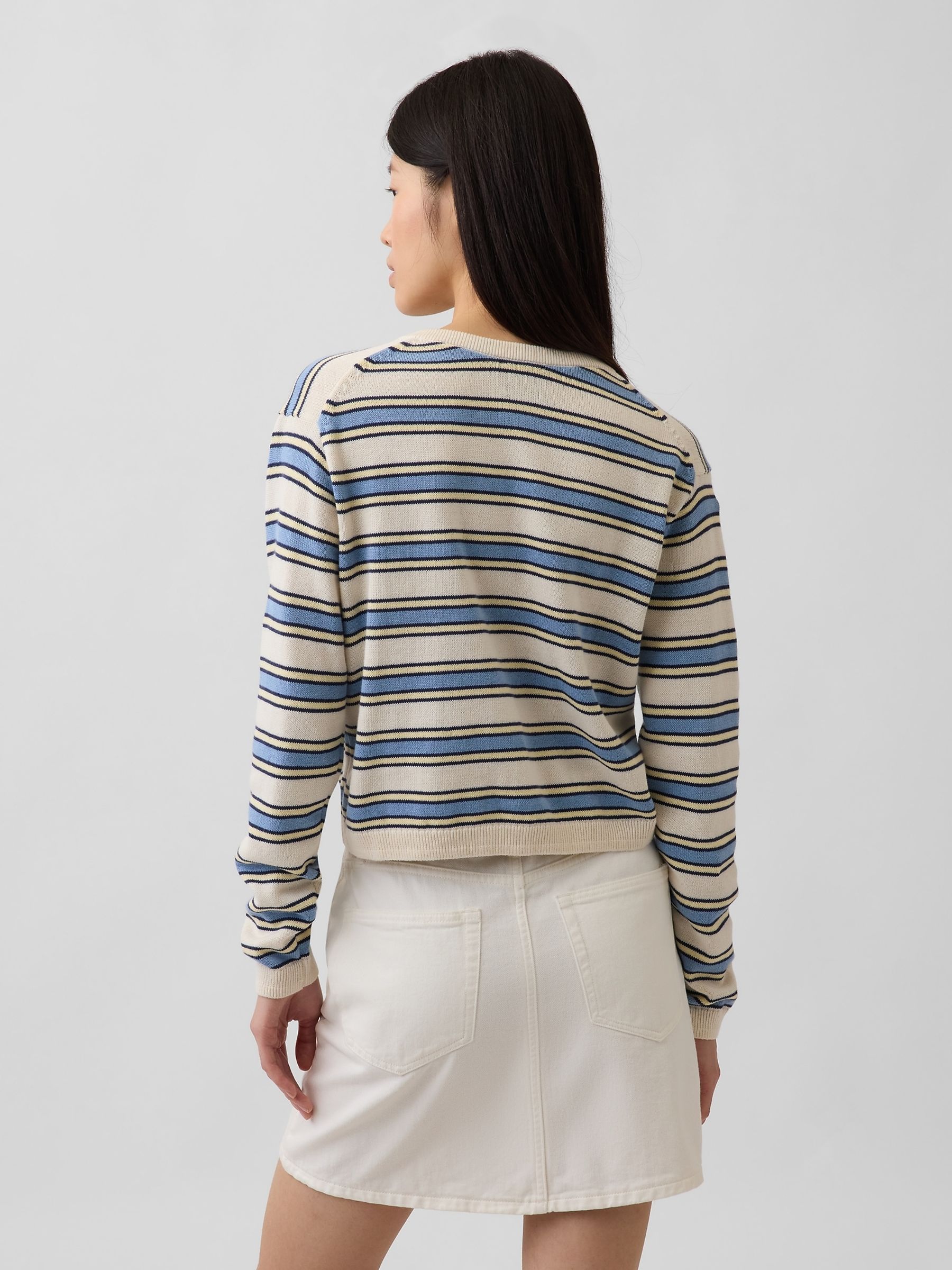 Cream/Blue stripe Relaxed Crop Cardigan - Image 2 of 4