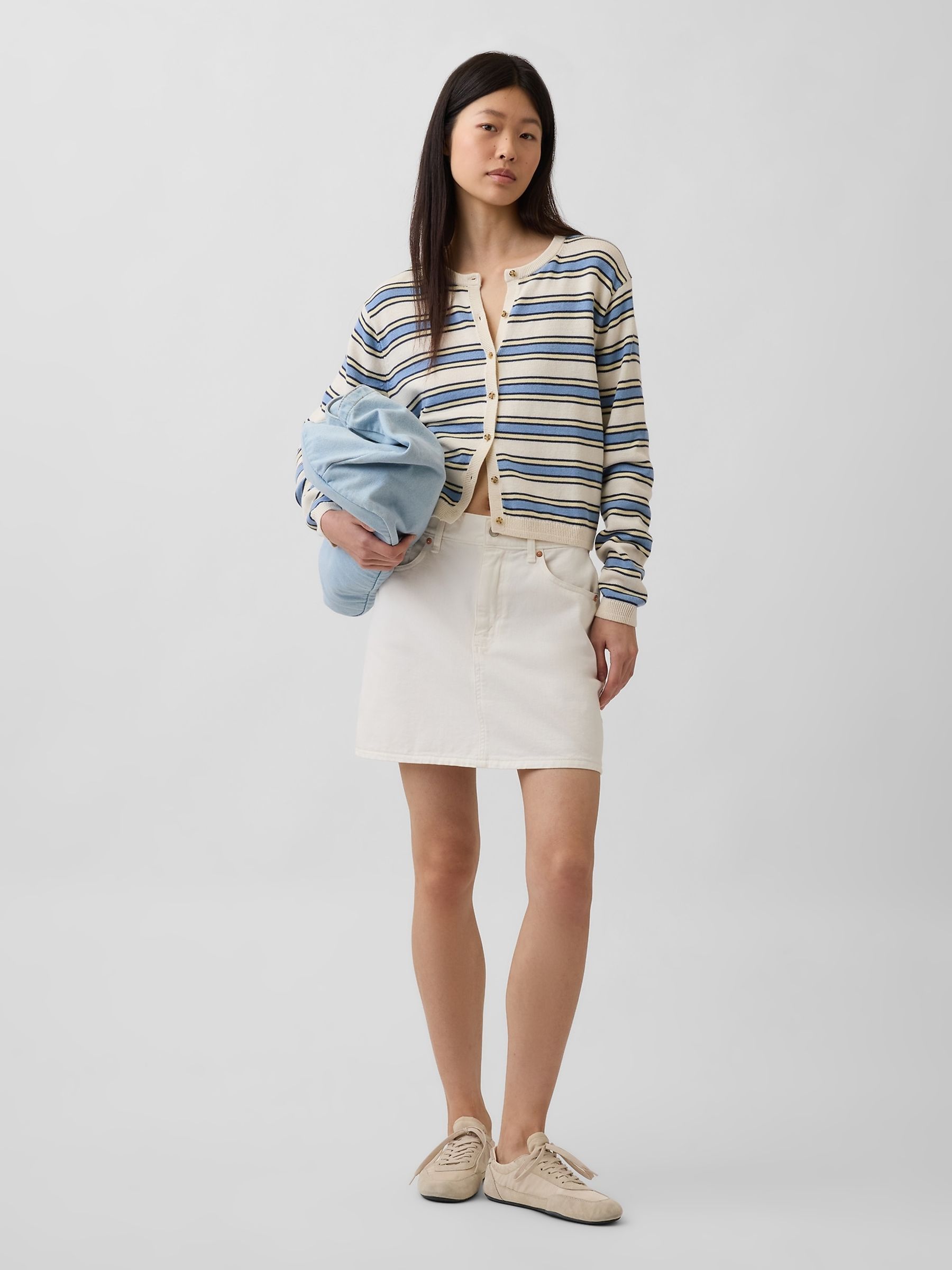 Cream/Blue stripe Relaxed Crop Cardigan - Image 3 of 4
