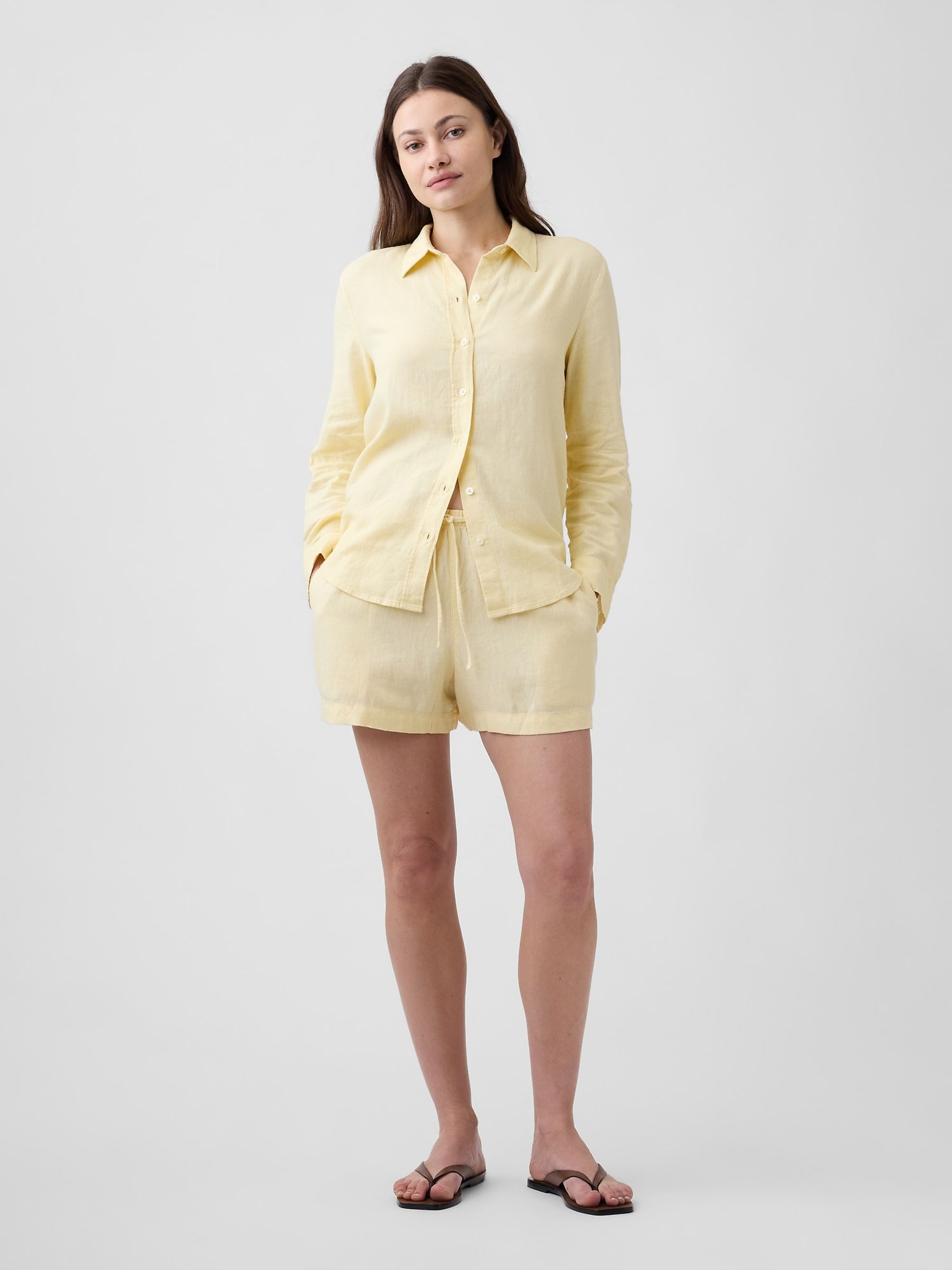 Yellow 4 inch Pull On Linen-Blend Shorts - Image 3 of 6