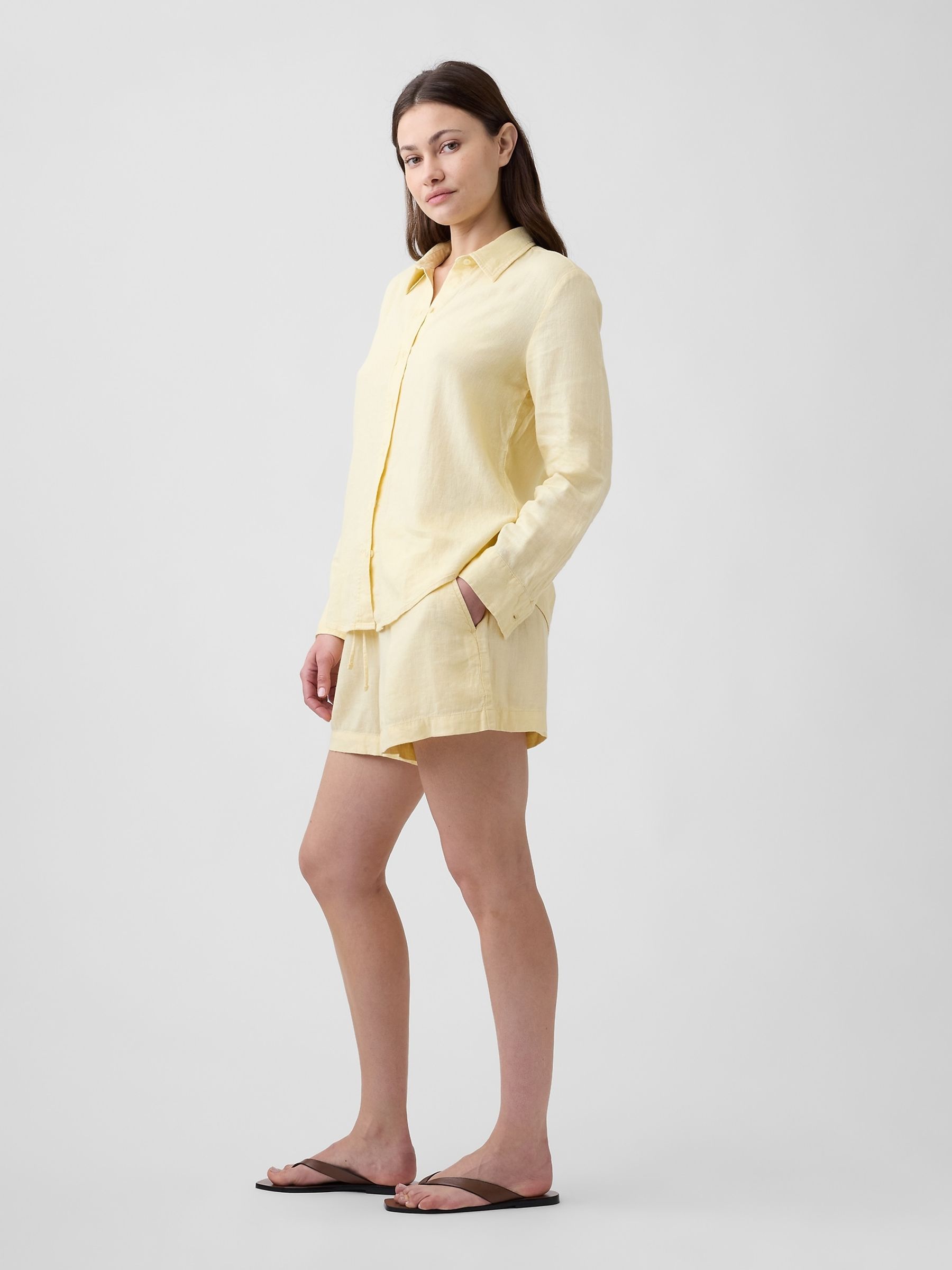 Yellow 4 inch Pull On Linen-Blend Shorts - Image 4 of 6