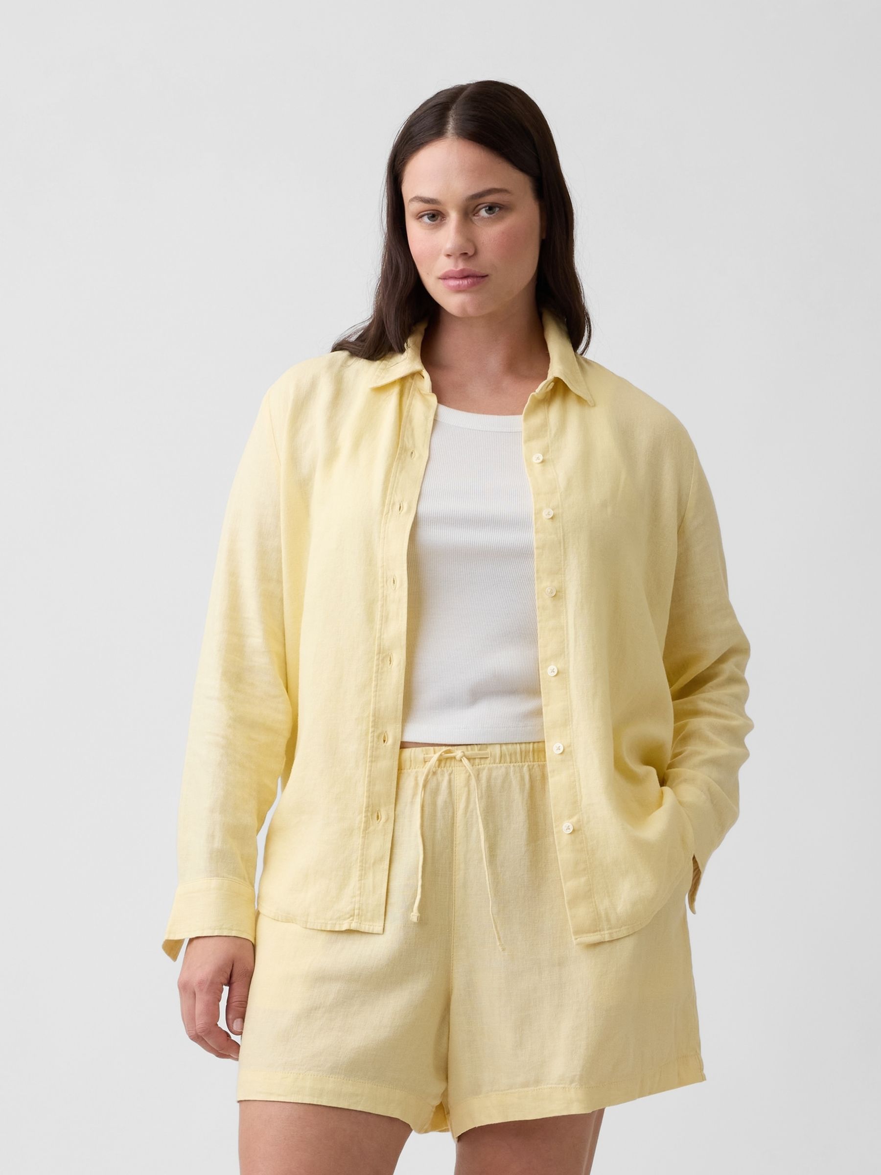Yellow 4 inch Pull On Linen-Blend Shorts - Image 5 of 6