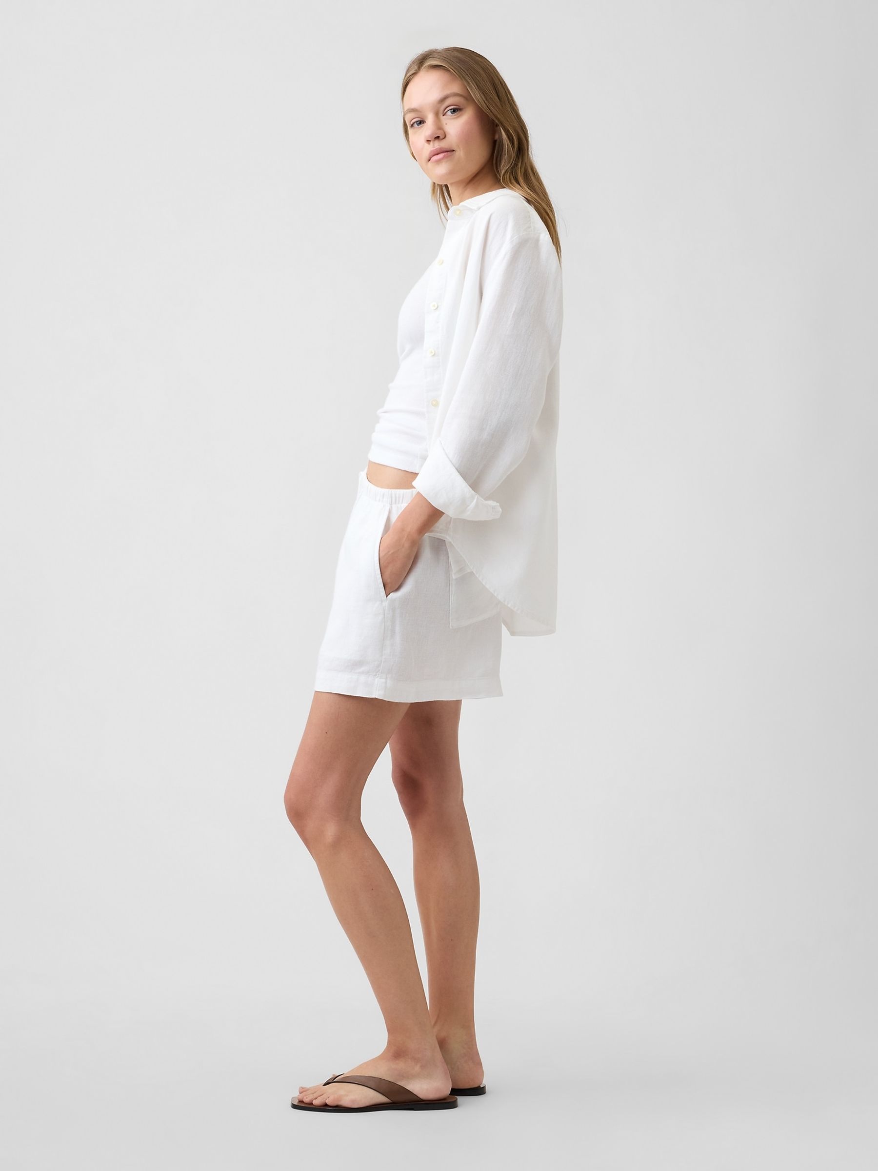 White 4 inch Pull On Linen-Blend Shorts - Image 4 of 6