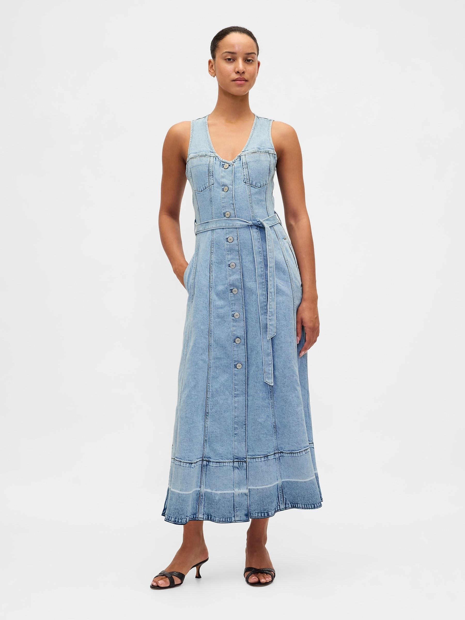 Light Wash Denim Tie-Belt Button-Front V-neck Maxi Dress - Image 1 of 4 Light Wash Denim Tie-Belt Button-Front V-neck Maxi Dress - Image 1 of 4