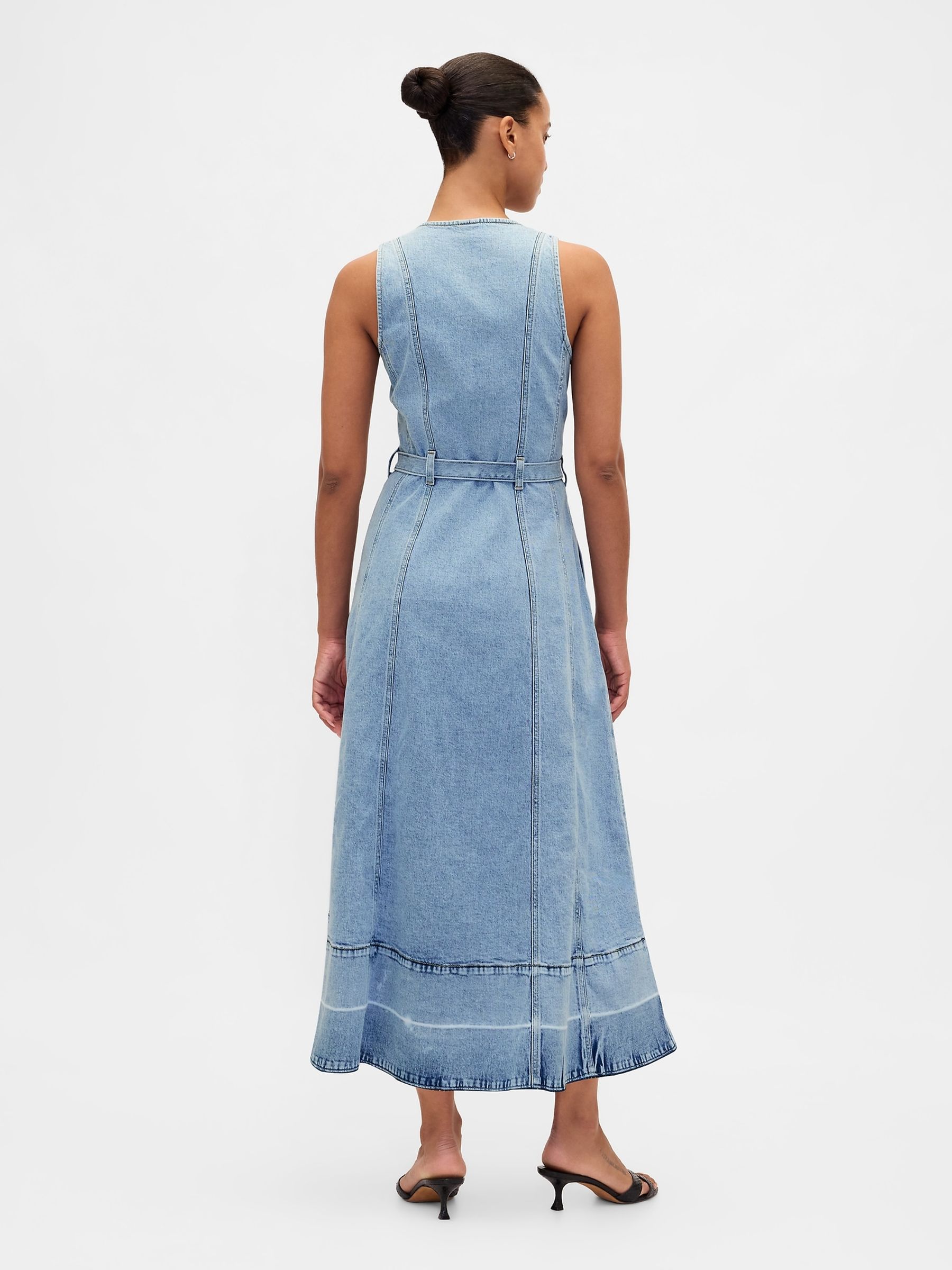 Light Wash Denim Tie-Belt Button-Front V-neck Maxi Dress - Image 2 of 4