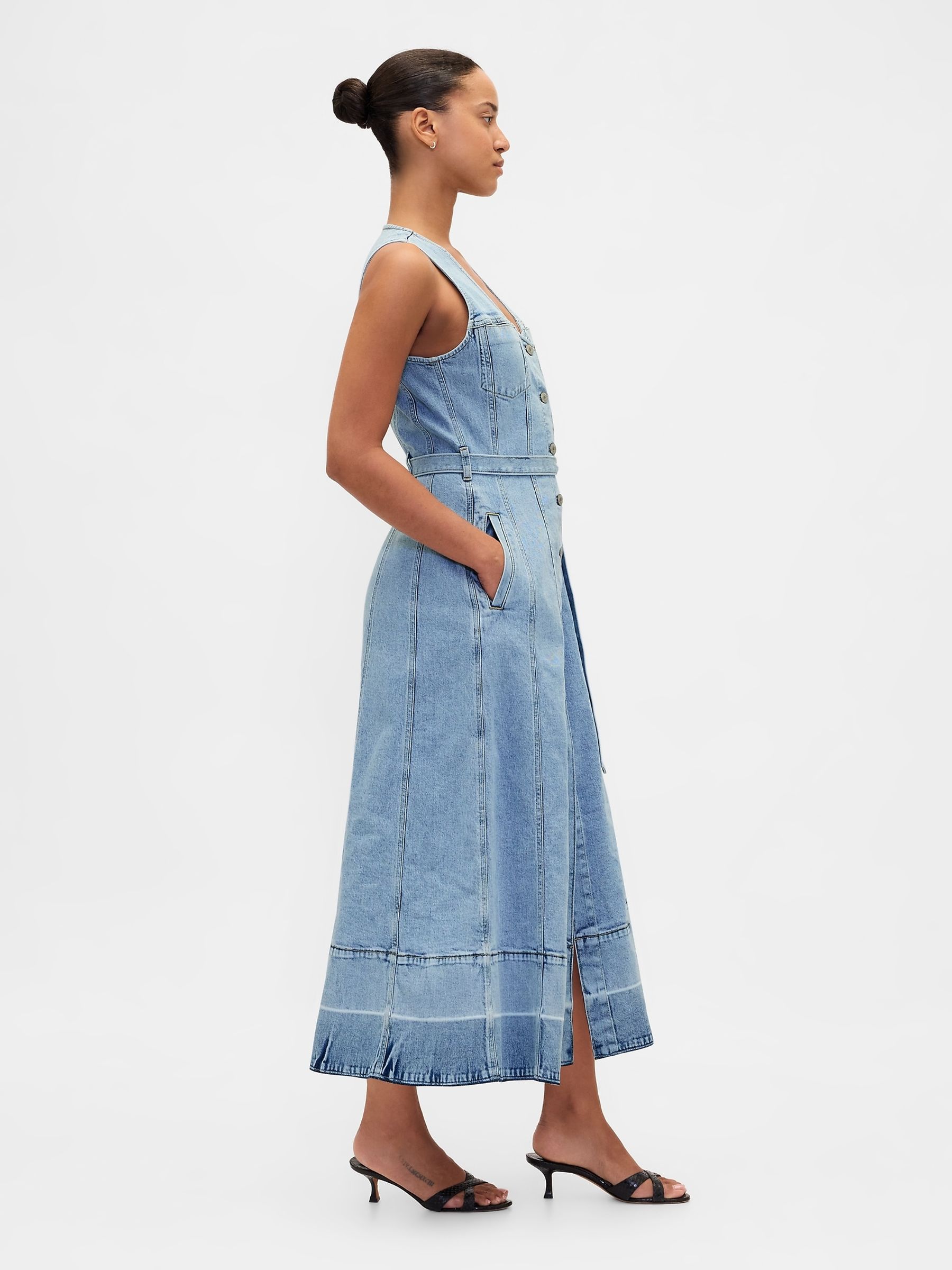 Light Wash Denim Tie-Belt Button-Front V-neck Maxi Dress - Image 3 of 4