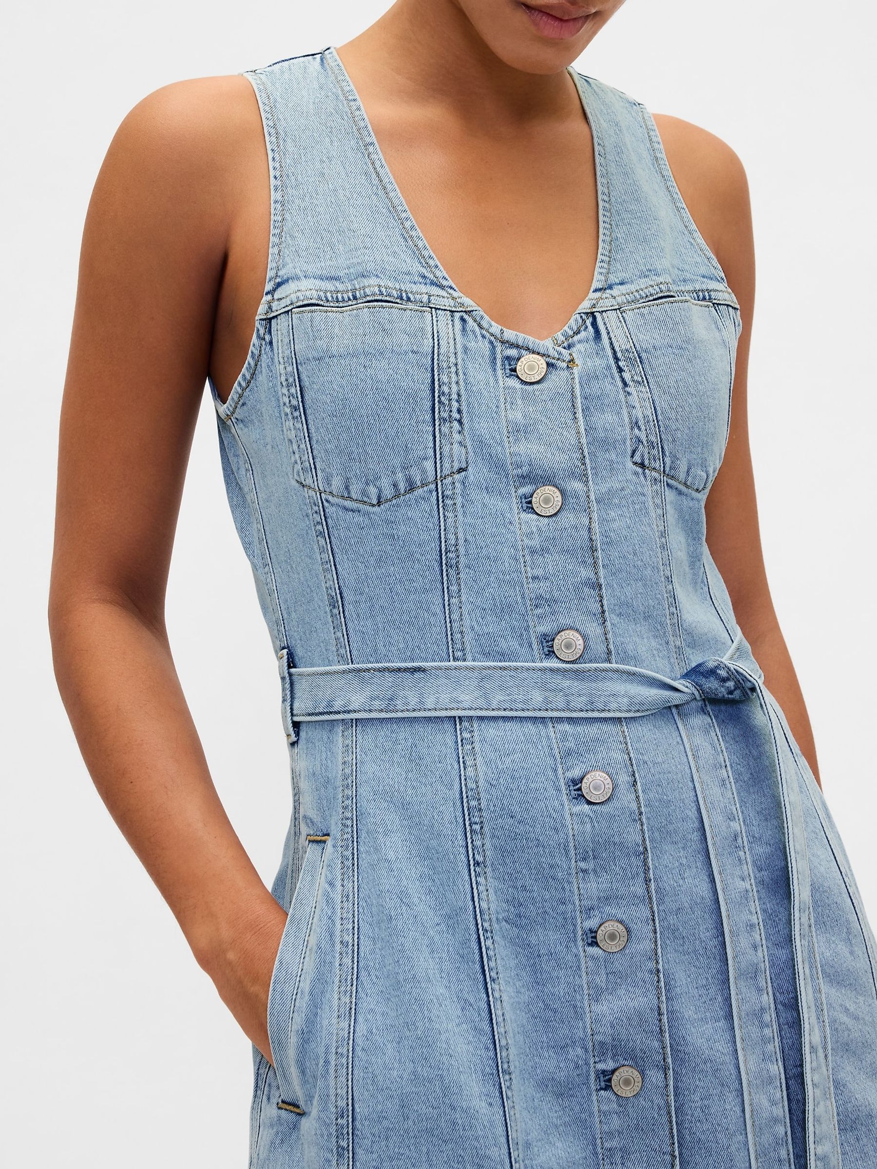 Light Wash Denim Tie-Belt Button-Front V-neck Maxi Dress - Image 4 of 4