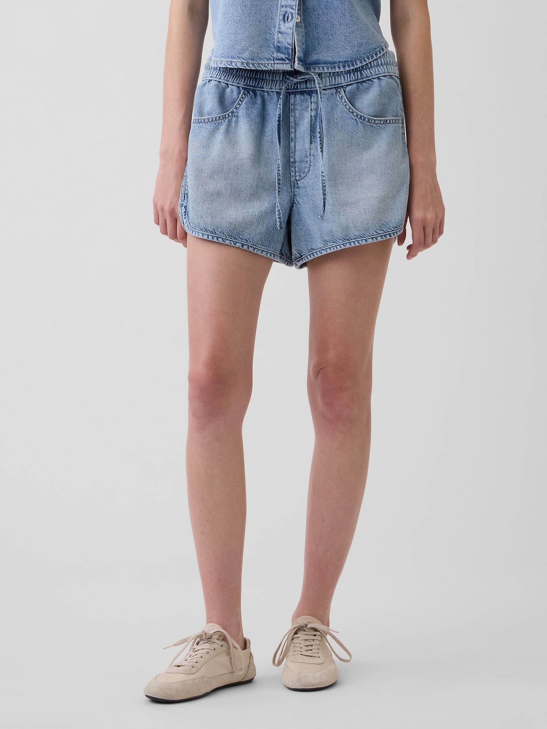 Blue Mid Rise UltraSoft Denim Easy Dolphin Shorts - Image 1 of 4
