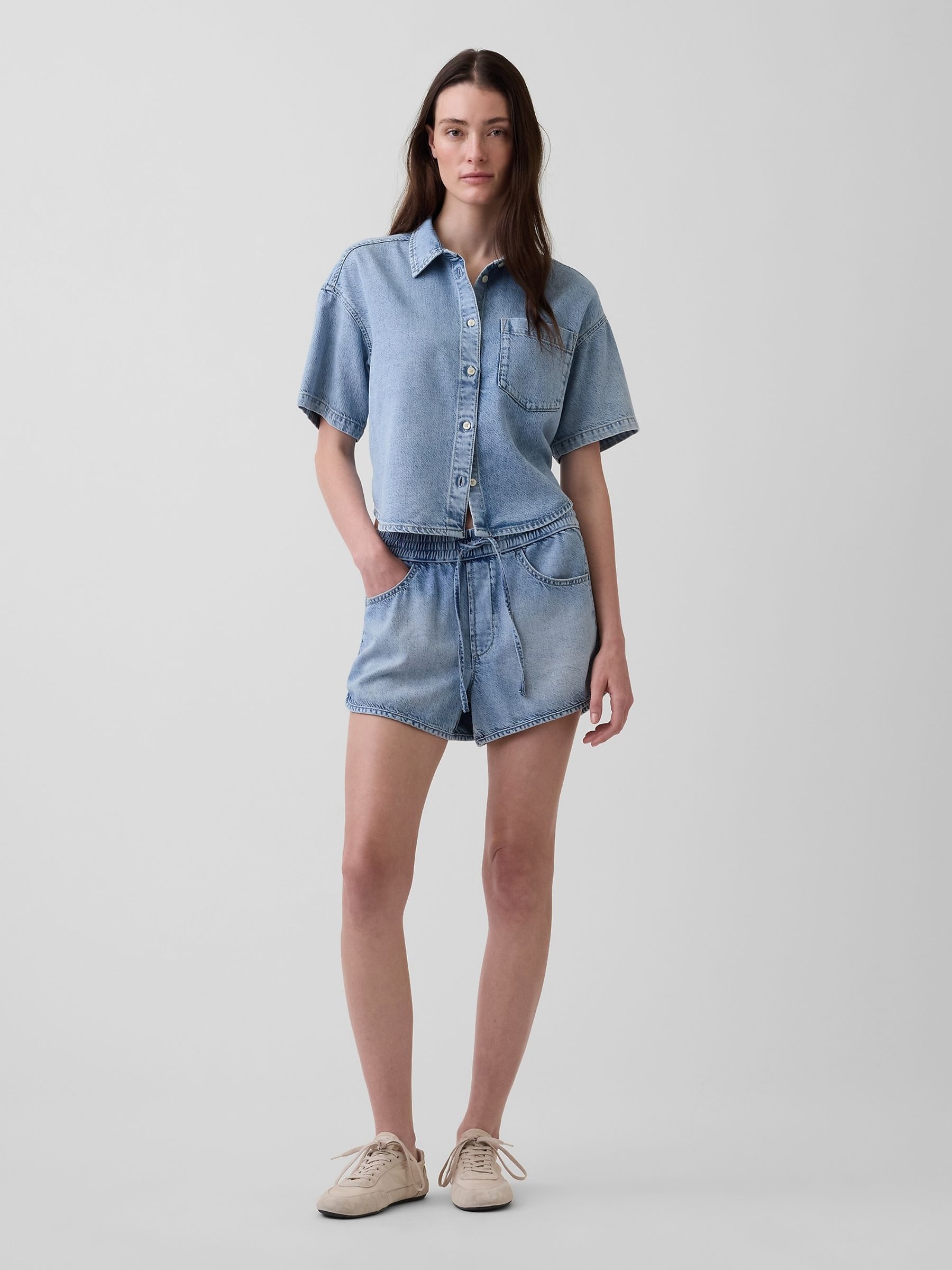 Blue Mid Rise UltraSoft Denim Easy Dolphin Shorts - Image 4 of 4
