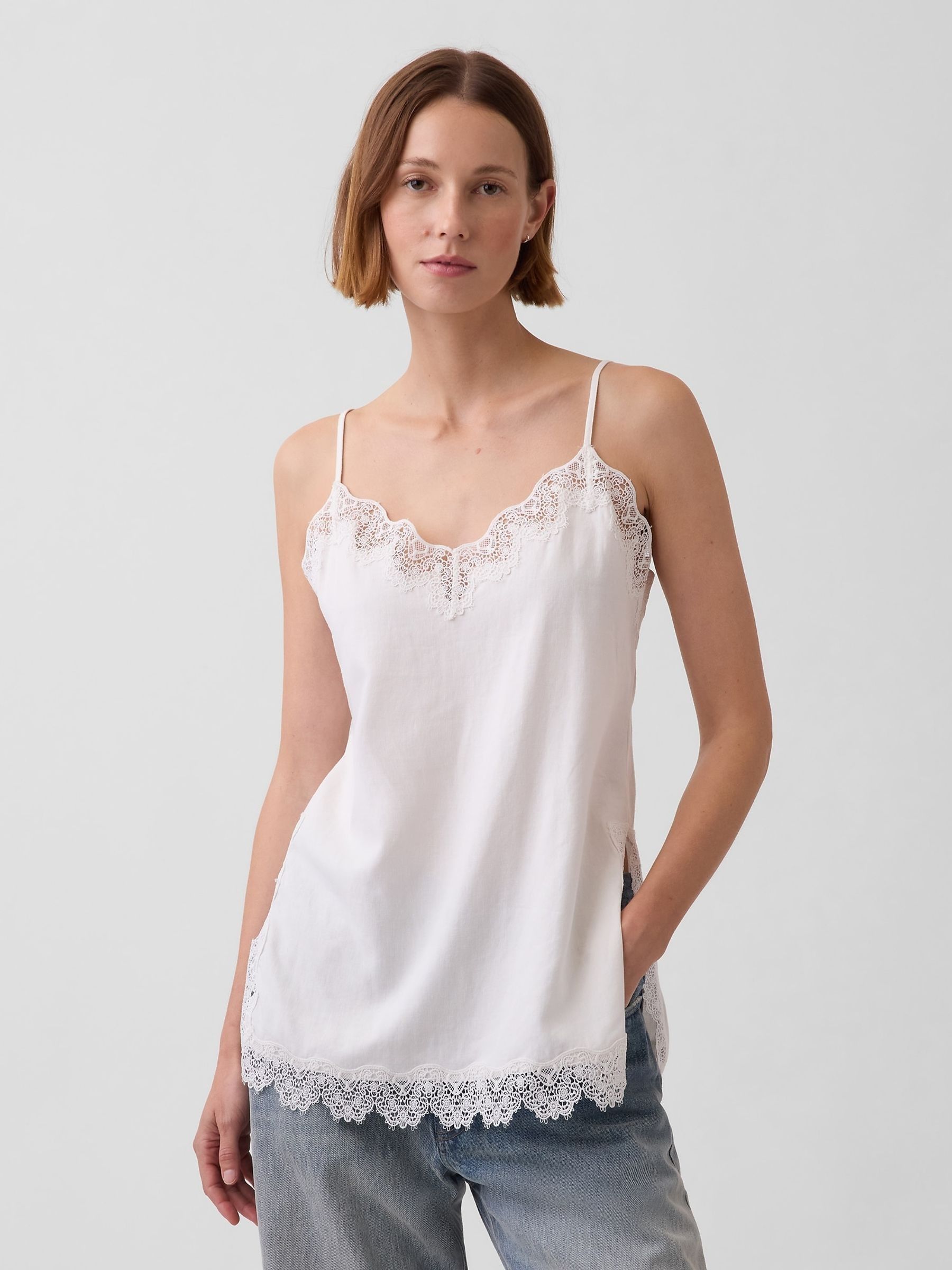White Linen-Blend Lace-Trim Cami - Image 1 of 4