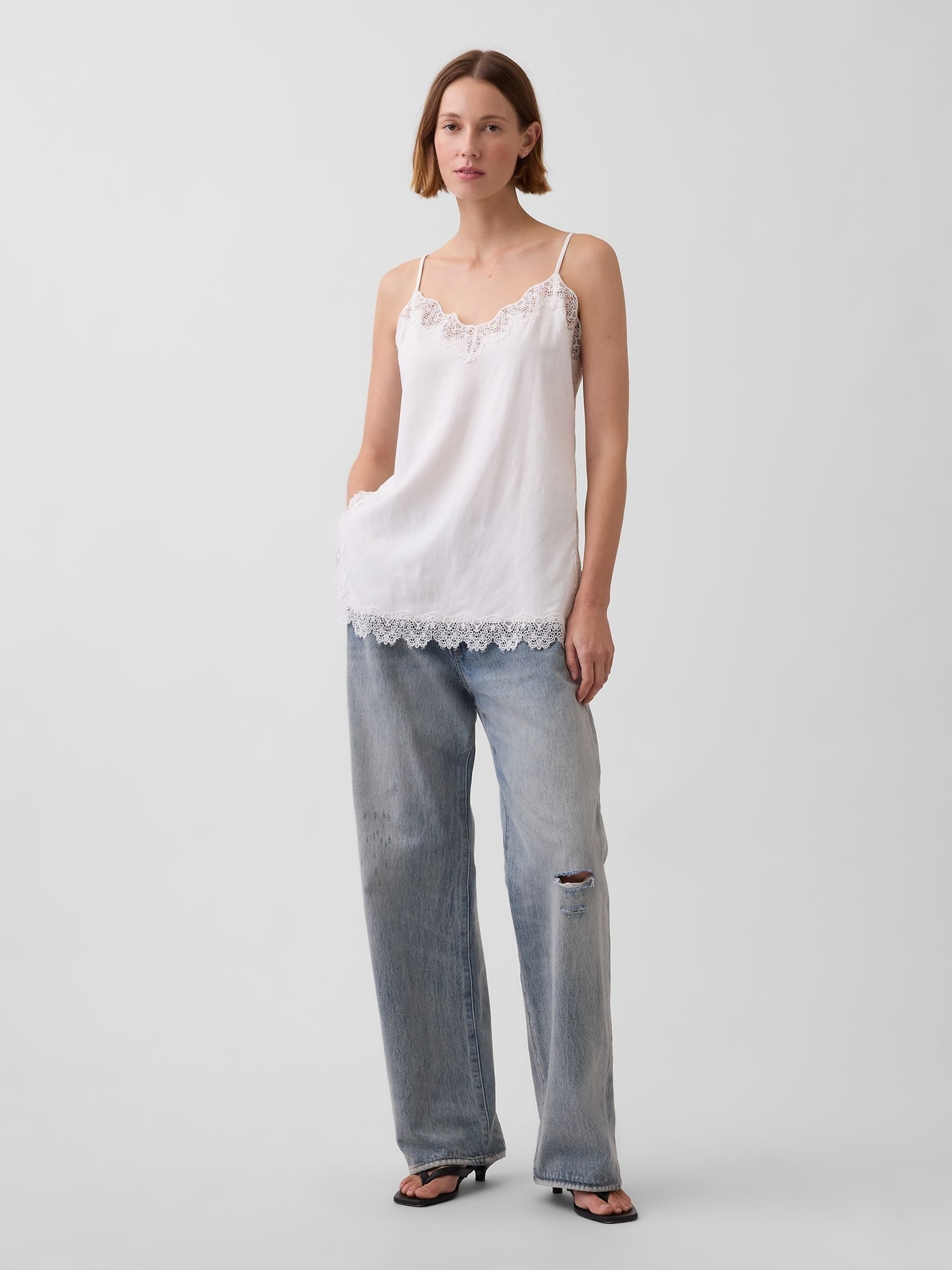 White Linen-Blend Lace-Trim Cami - Image 3 of 4