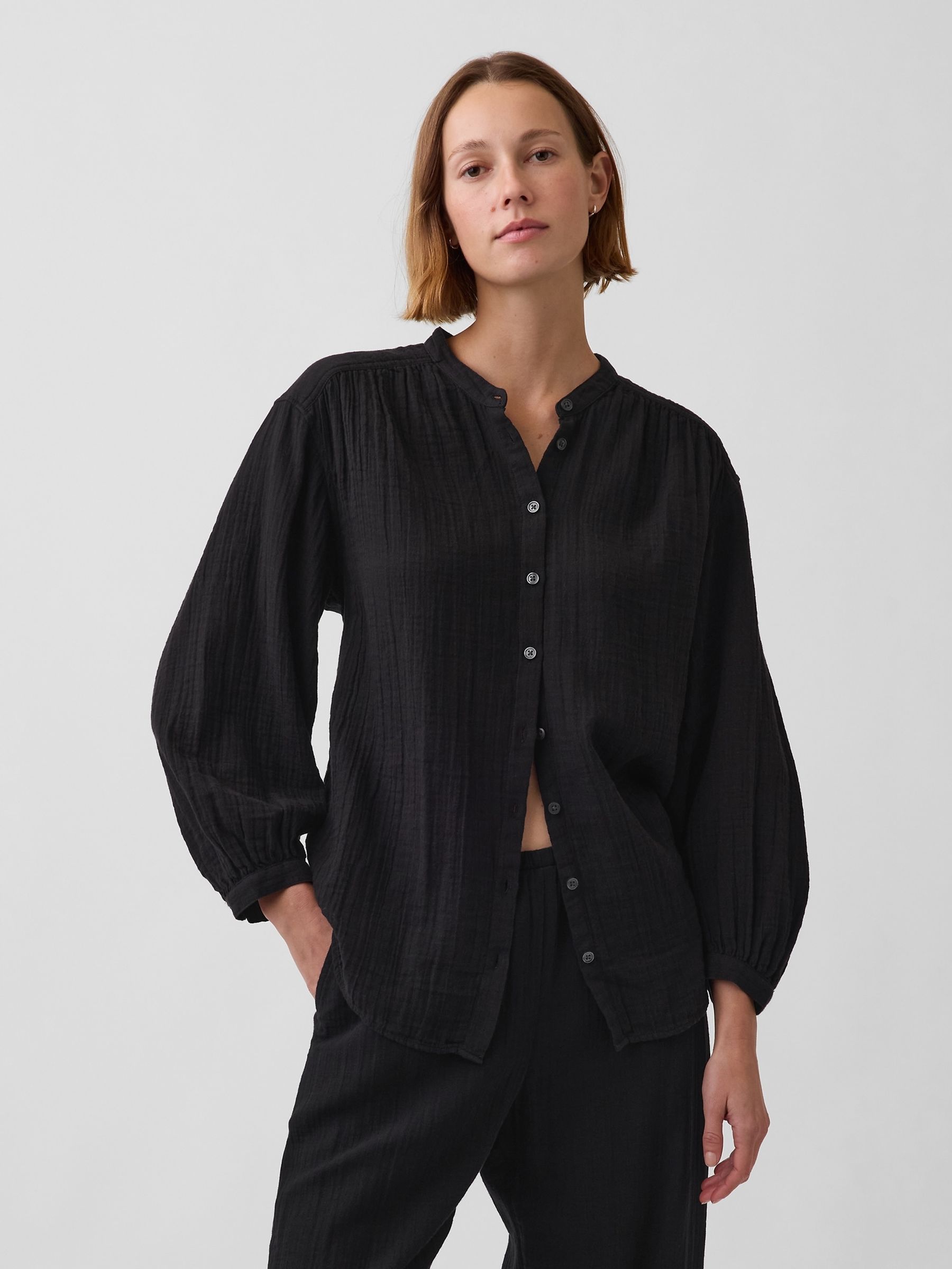 Black Gauze Oversized Collarless Shirt - Image 1 of 4