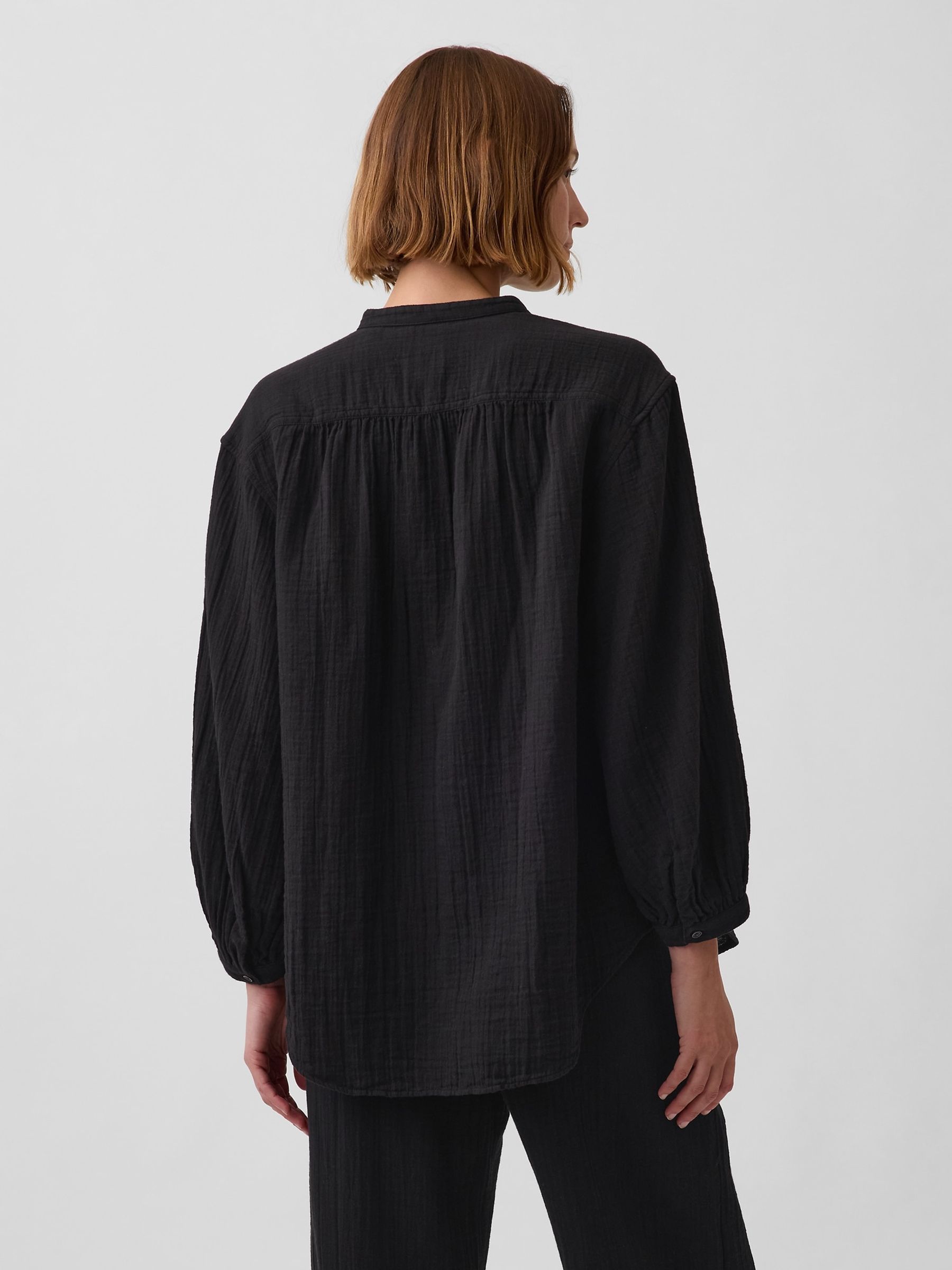 Black Gauze Oversized Collarless Shirt - Image 2 of 4
