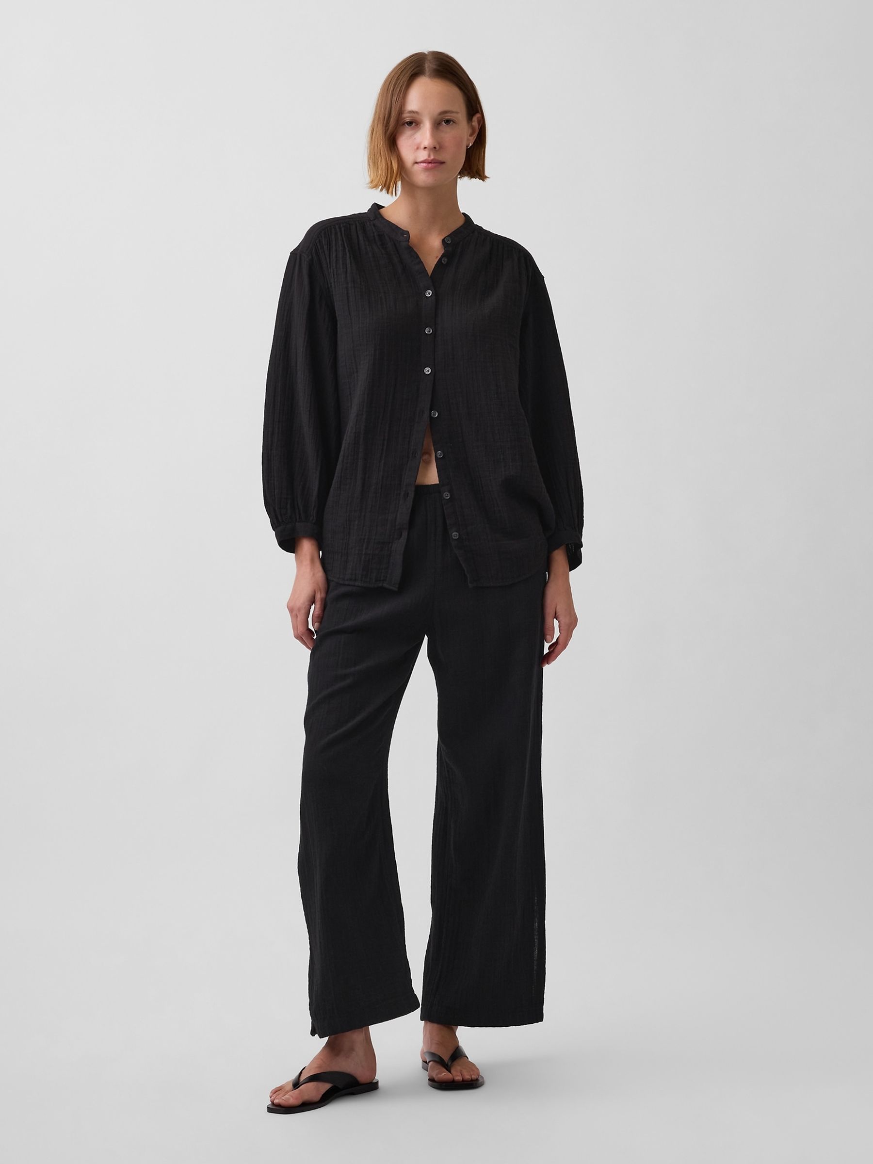 Black Gauze Oversized Collarless Shirt - Image 3 of 4