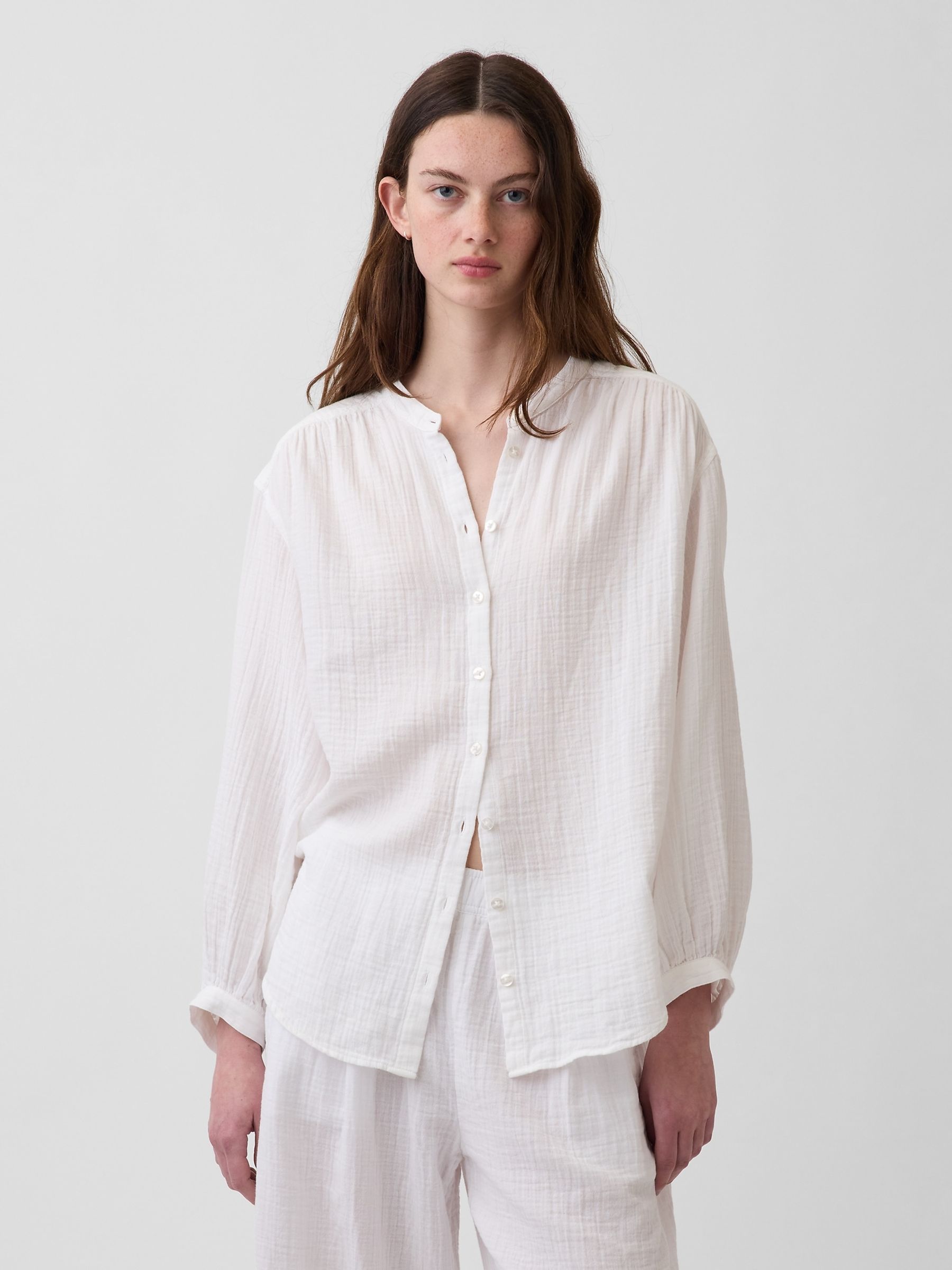 White Gauze Oversized Collarless Shirt - Image 1 of 4