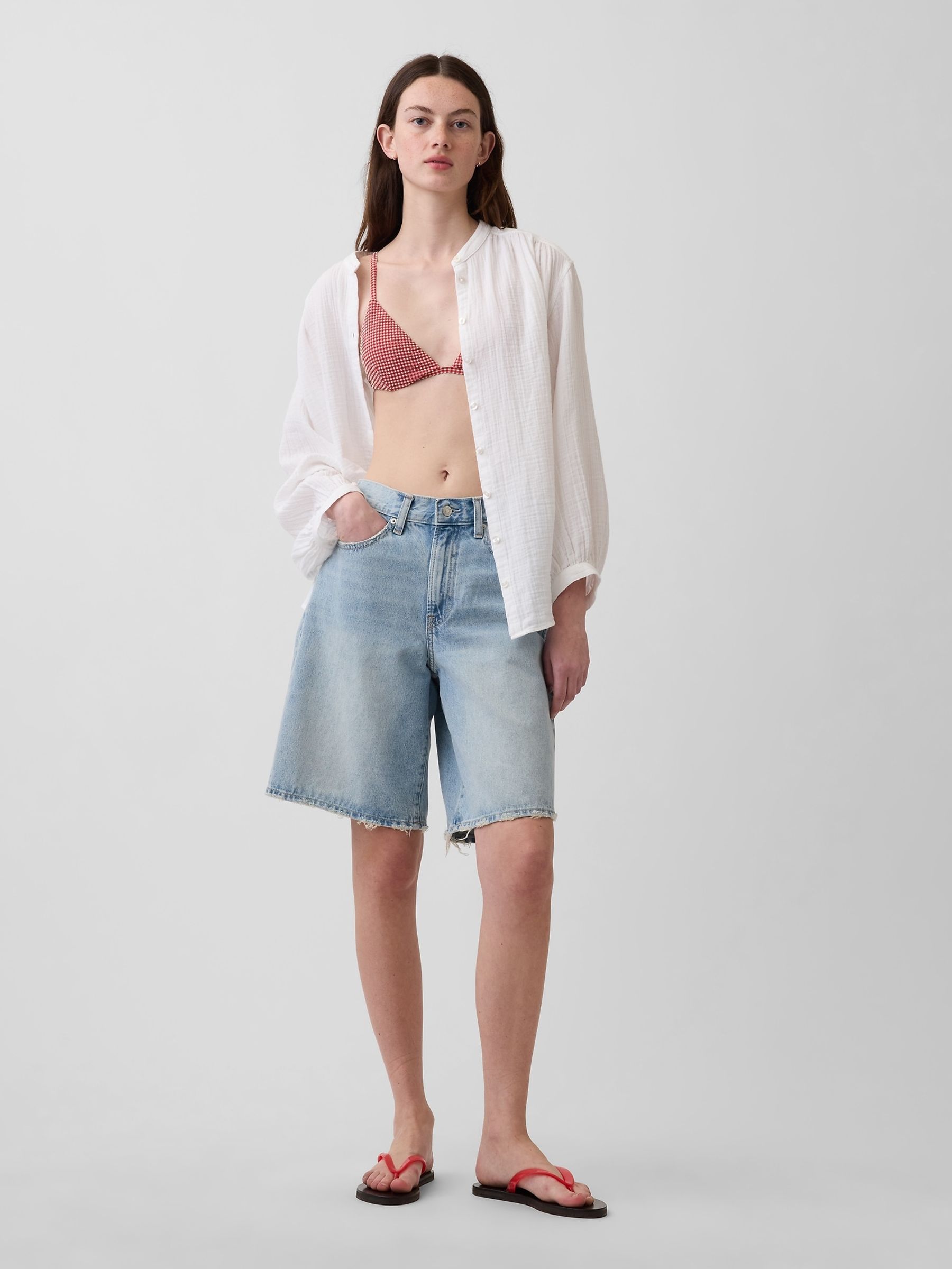 White Gauze Oversized Collarless Shirt - Image 3 of 4