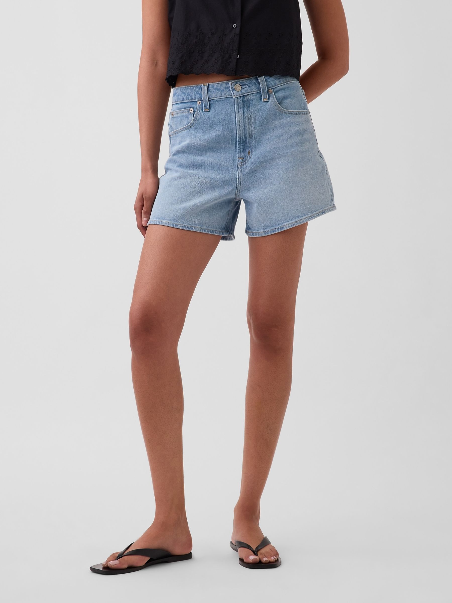 Light Wash 3.5 inch High Waisted Relaxed Straight Denim Shorts - Image 1 of 4 Light Wash 3.5 inch High Waisted Relaxed Straight Denim Shorts - Image 1 of 4