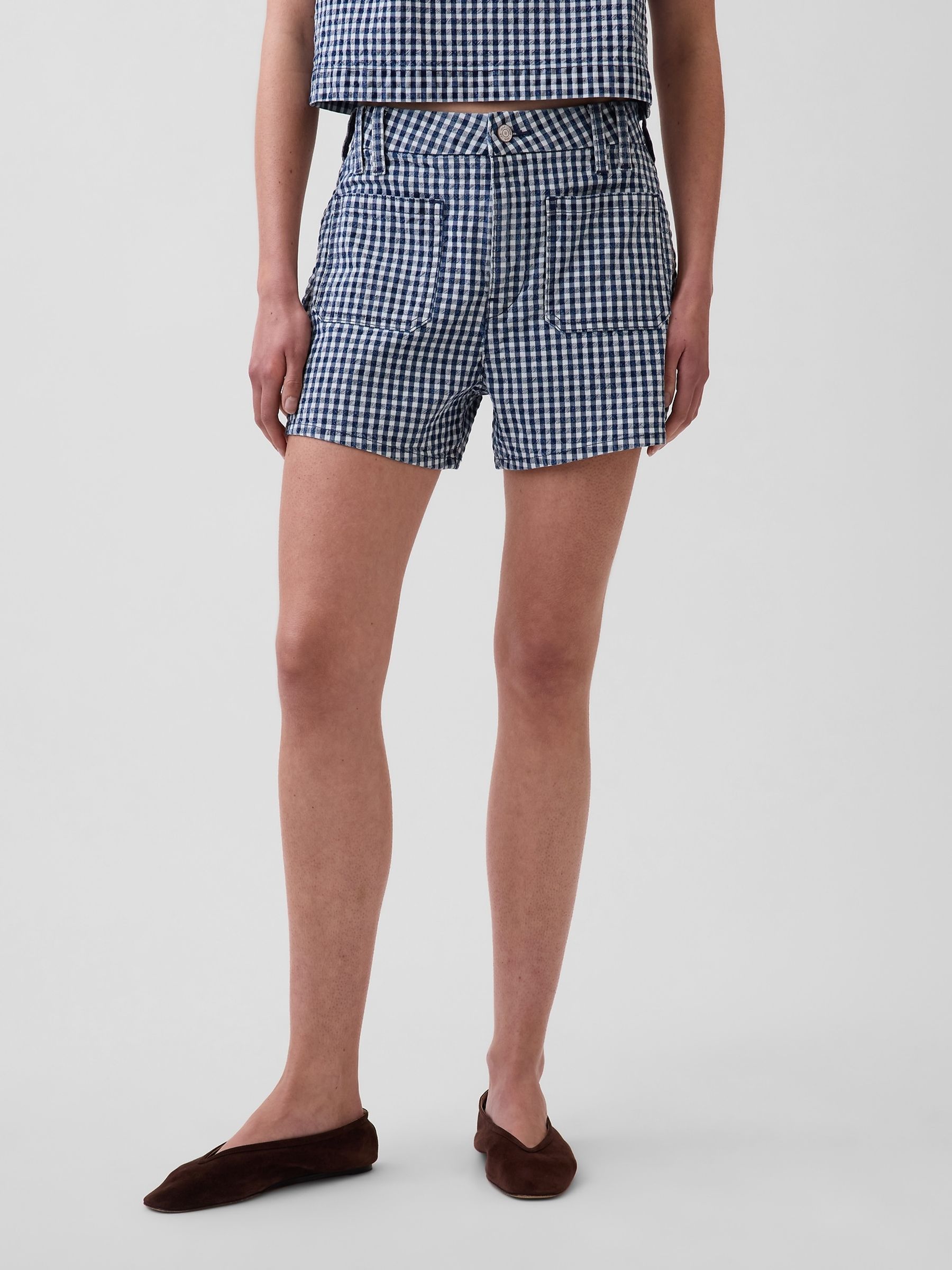Navy 3.5 inch High Waisted Gingham Relaxed Straight Denim Shorts - Image 1 of 4