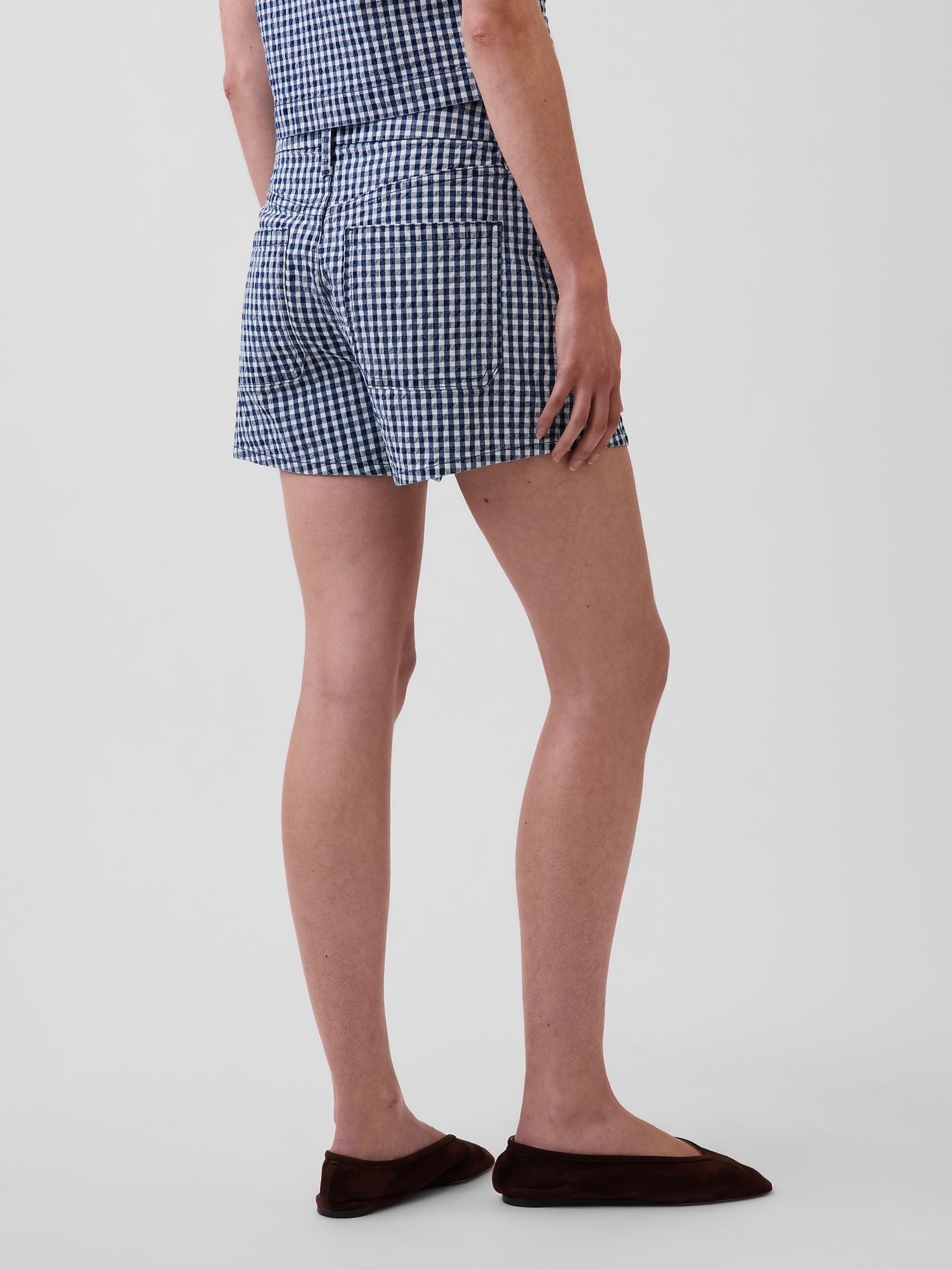 Navy 3.5 inch High Waisted Gingham Relaxed Straight Denim Shorts - Image 2 of 4