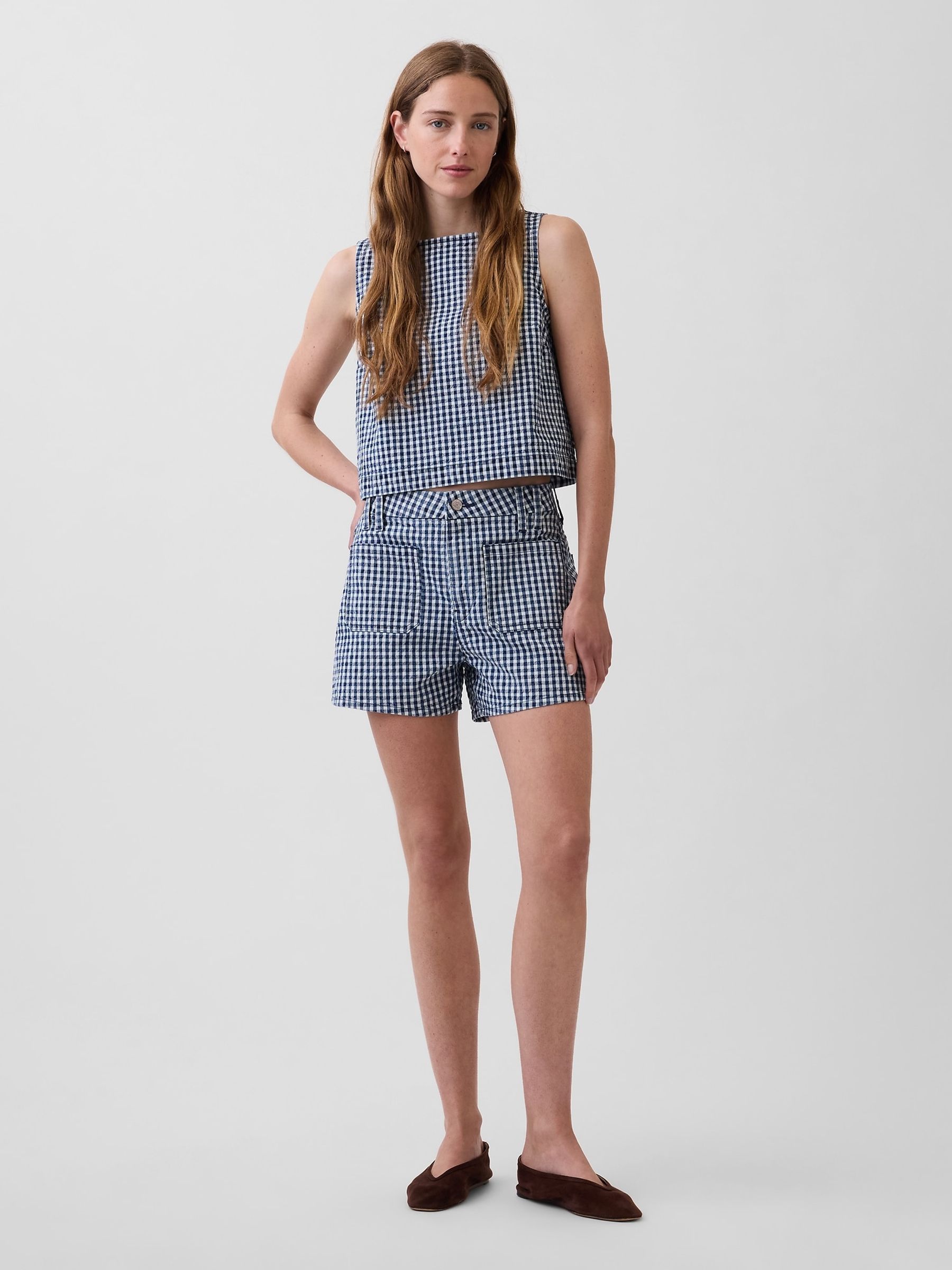 Navy 3.5 inch High Waisted Gingham Relaxed Straight Denim Shorts - Image 4 of 4