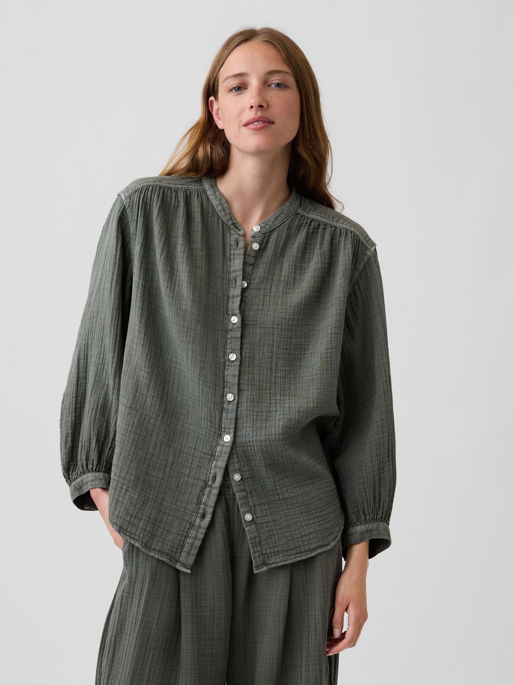 Green Cotton Gauze Oversized Collarless Shirt - Image 1 of 4