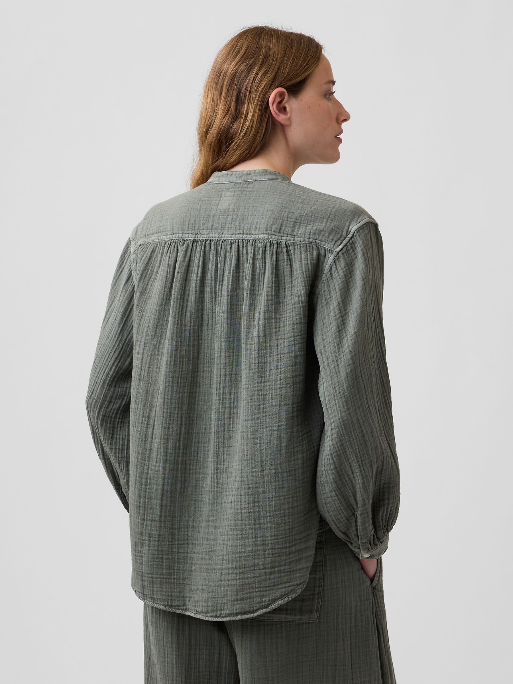 Green Cotton Gauze Oversized Collarless Shirt - Image 2 of 4
