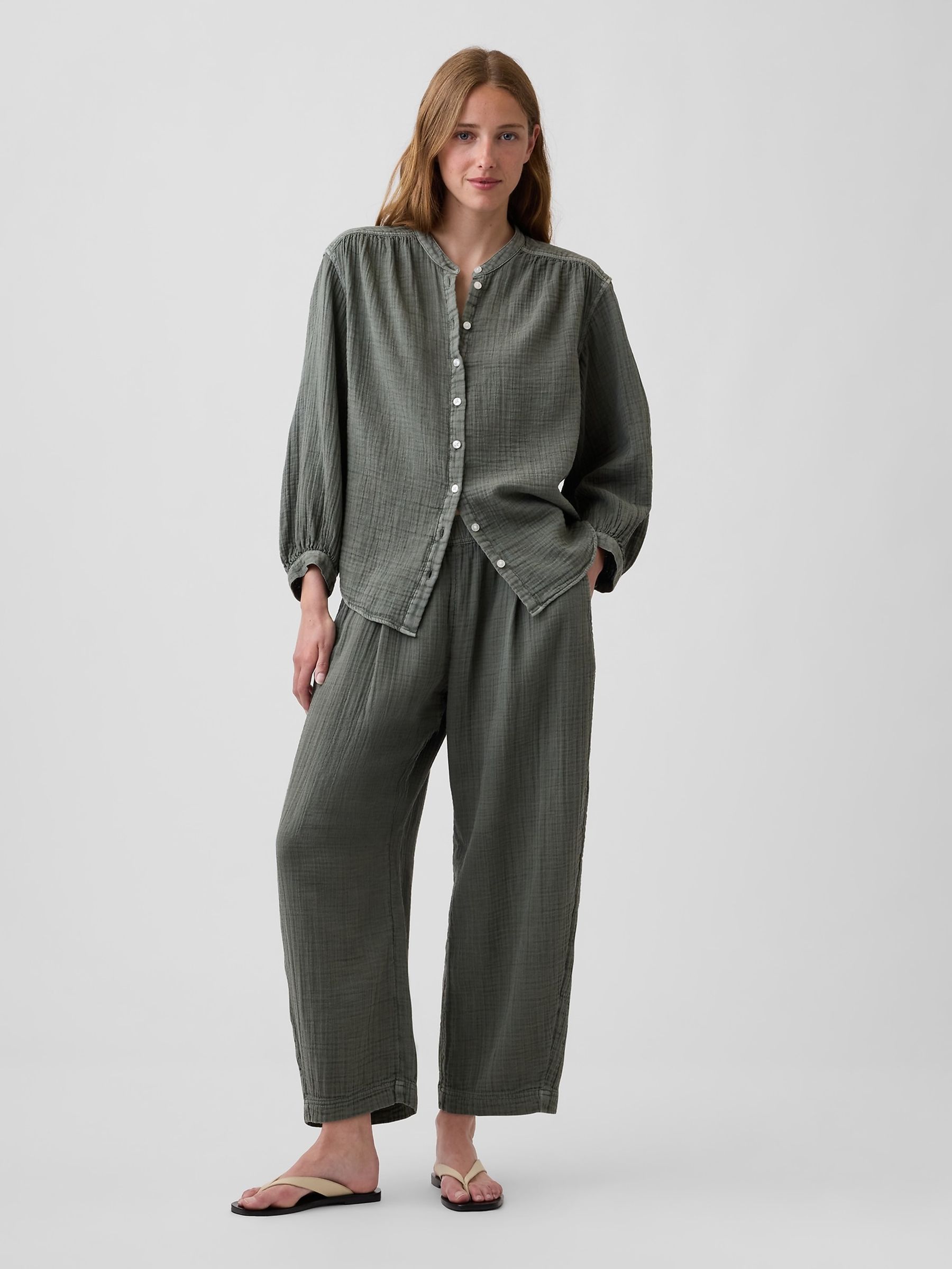 Green Cotton Gauze Oversized Collarless Shirt - Image 3 of 4