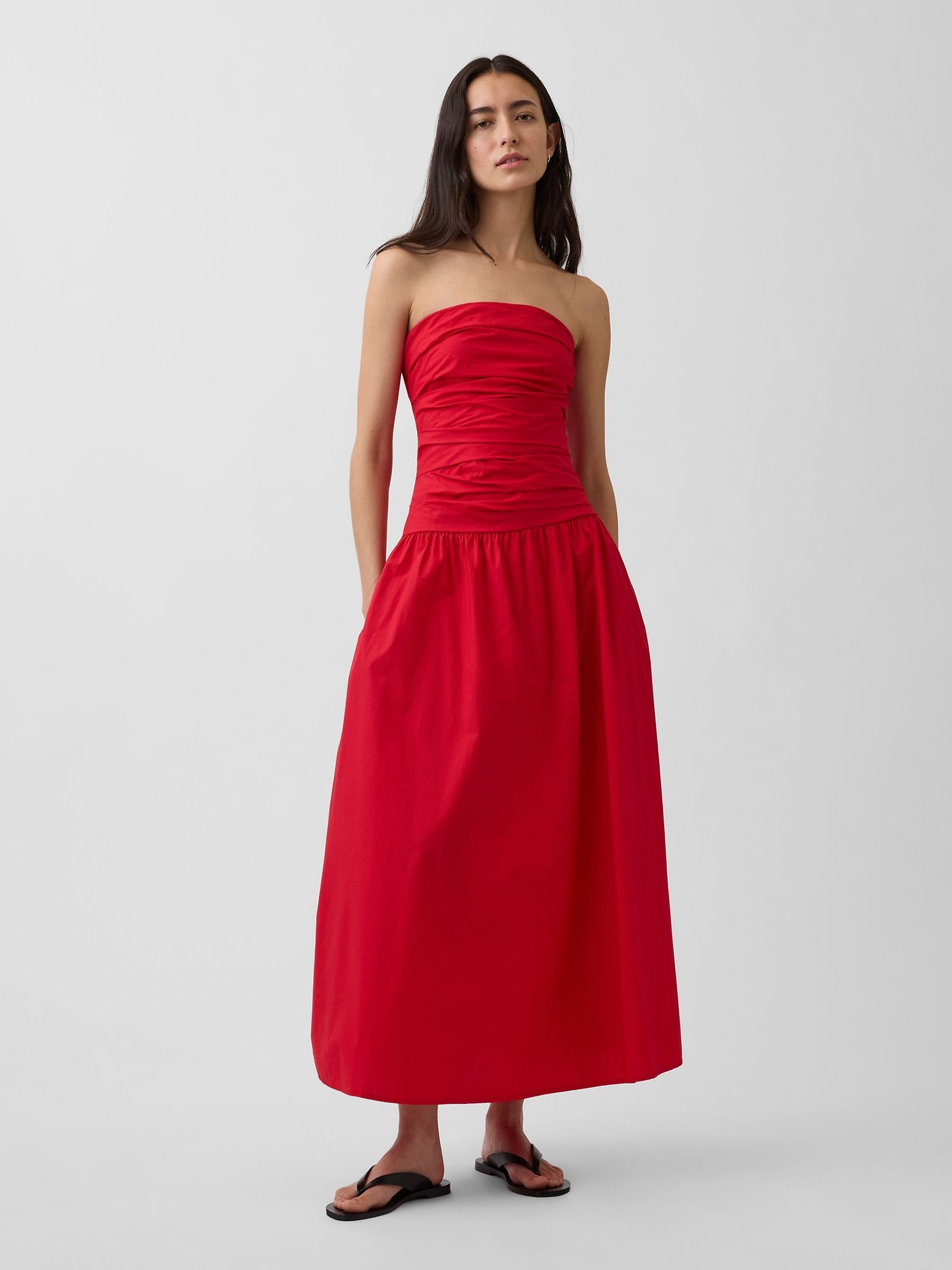 Red Poplin Drop-Waist Maxi Dress - Image 1 of 4