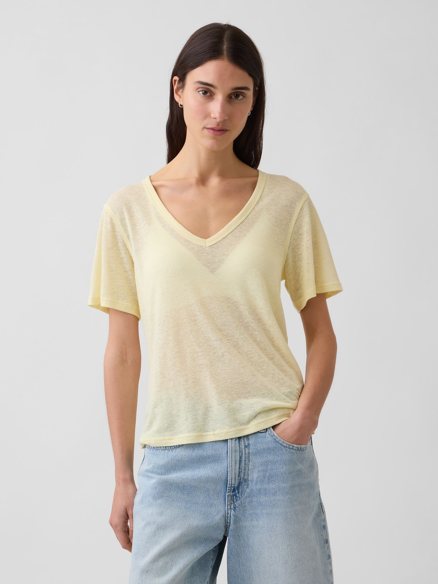 Yellow Linen-Blend Relaxed V-Neck T-Shirt - Image 1 of 4