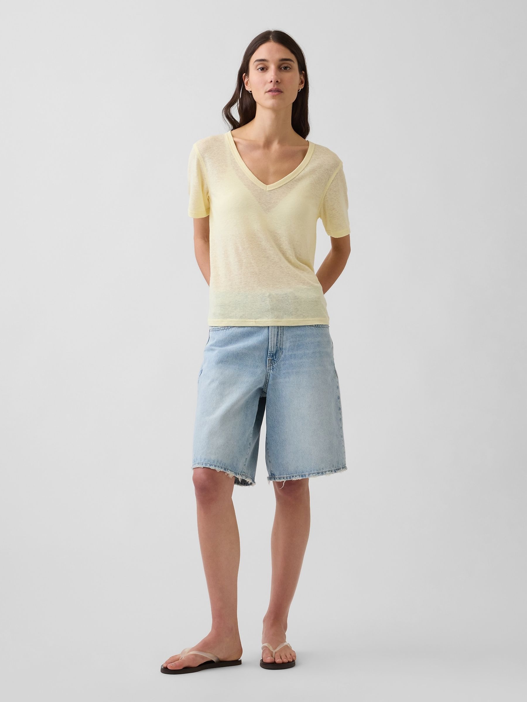 Yellow Linen-Blend Relaxed V-Neck T-Shirt - Image 3 of 4
