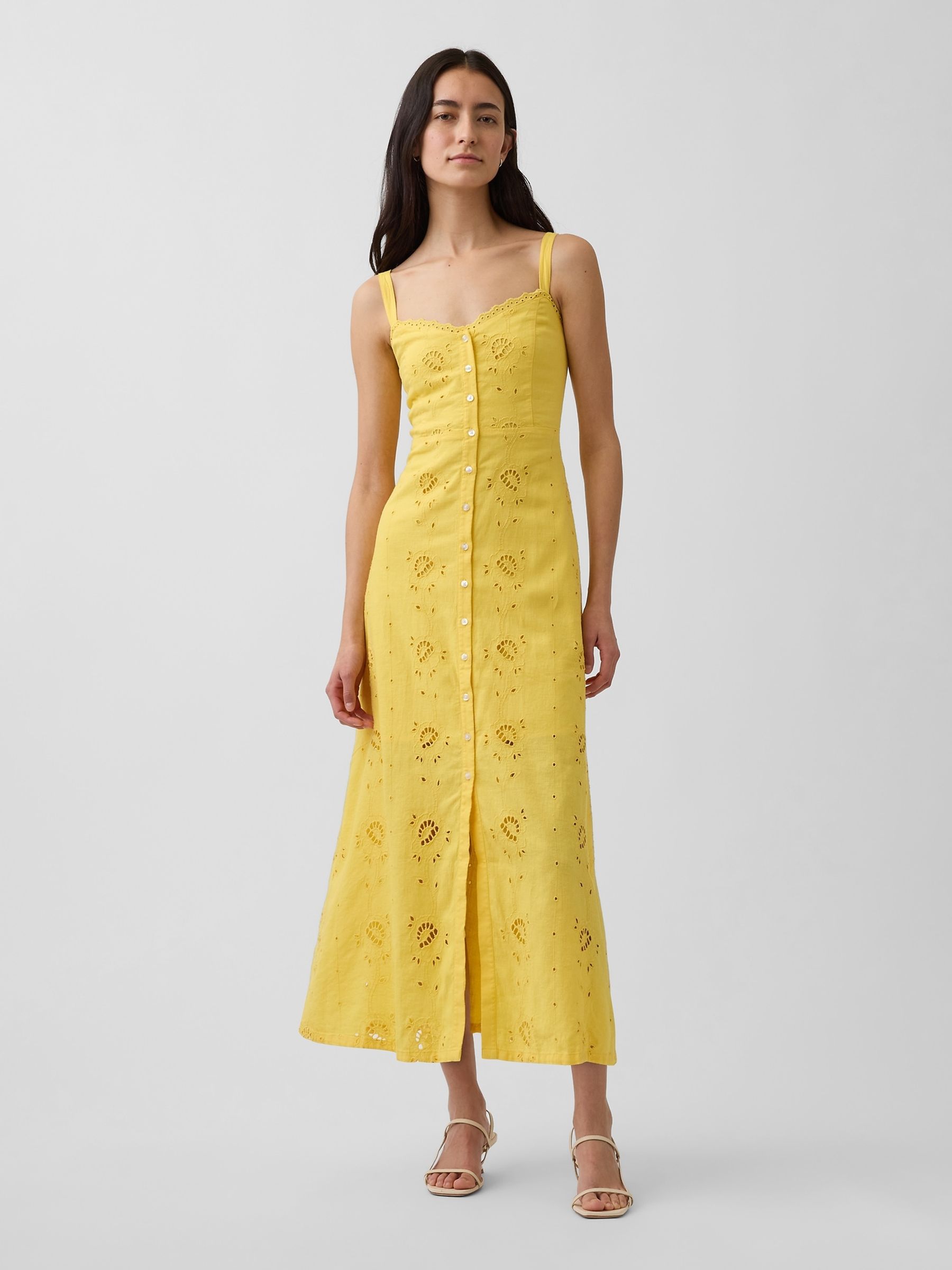 Yellow Linen Blend Embroidered Button Cami Maxi Dress - Image 1 of 4 Yellow Linen Blend Embroidered Button Cami Maxi Dress - Image 1 of 4