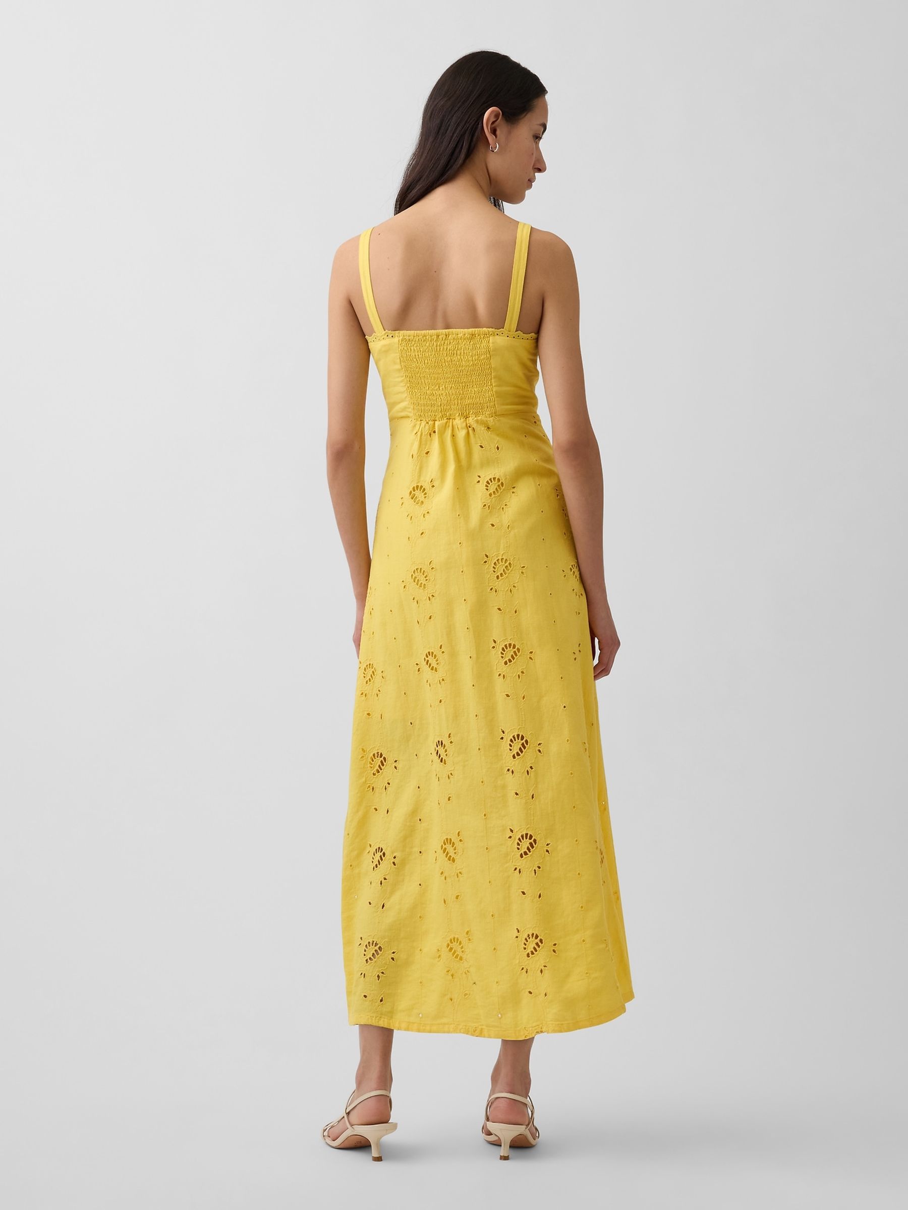Yellow Linen Blend Embroidered Button Cami Maxi Dress - Image 2 of 4 Yellow Linen Blend Embroidered Button Cami Maxi Dress - Image 2 of 4