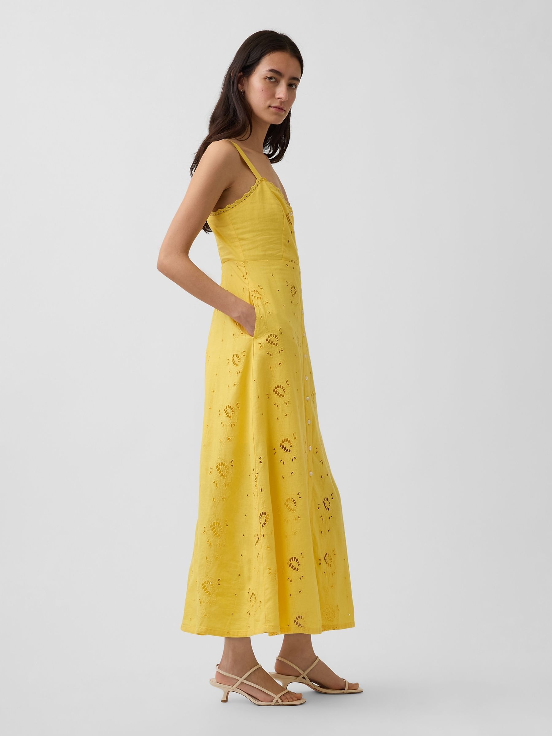 Yellow Linen Blend Embroidered Button Cami Maxi Dress - Image 3 of 4