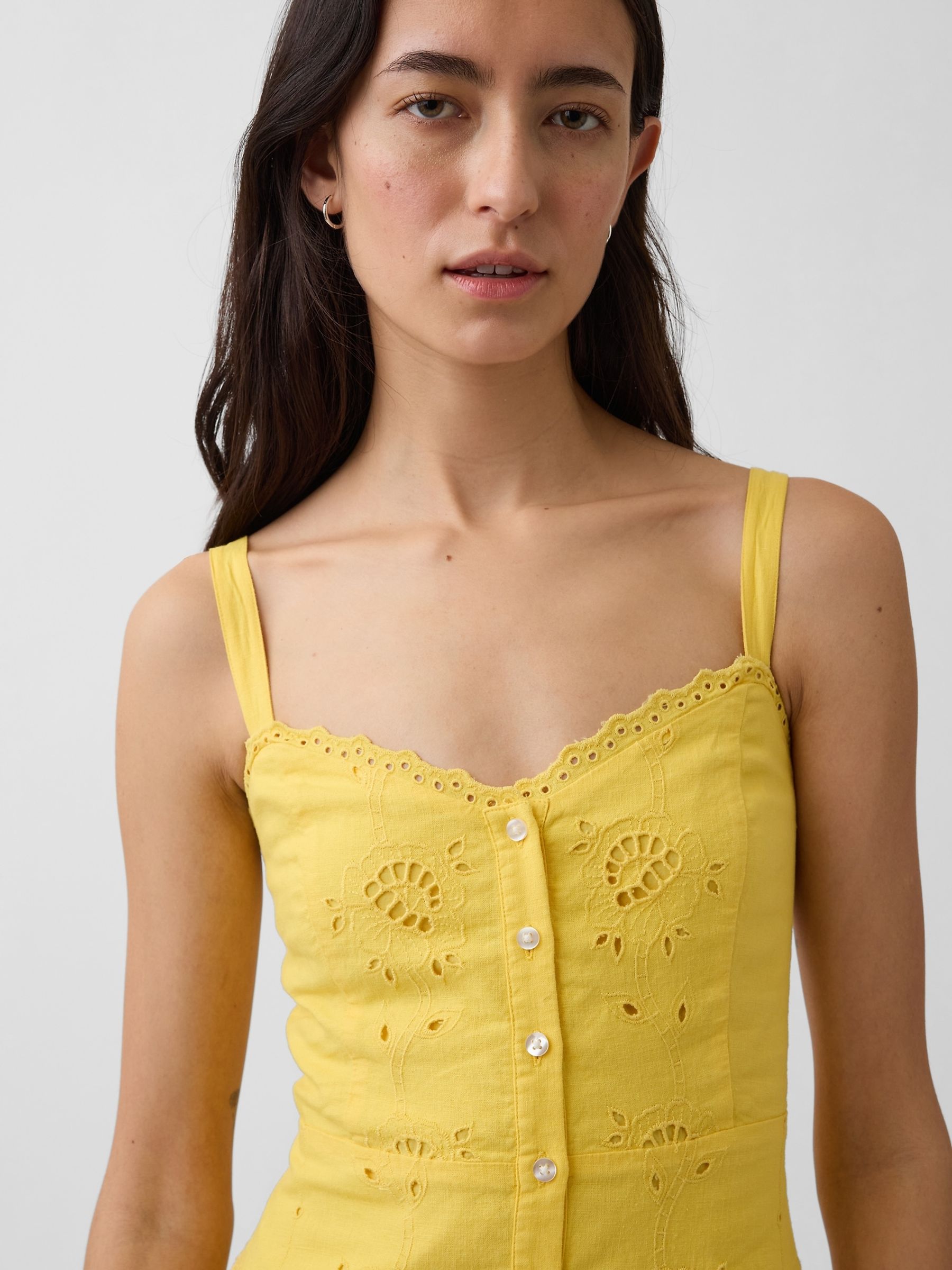 Yellow Linen Blend Embroidered Button Cami Maxi Dress - Image 4 of 4