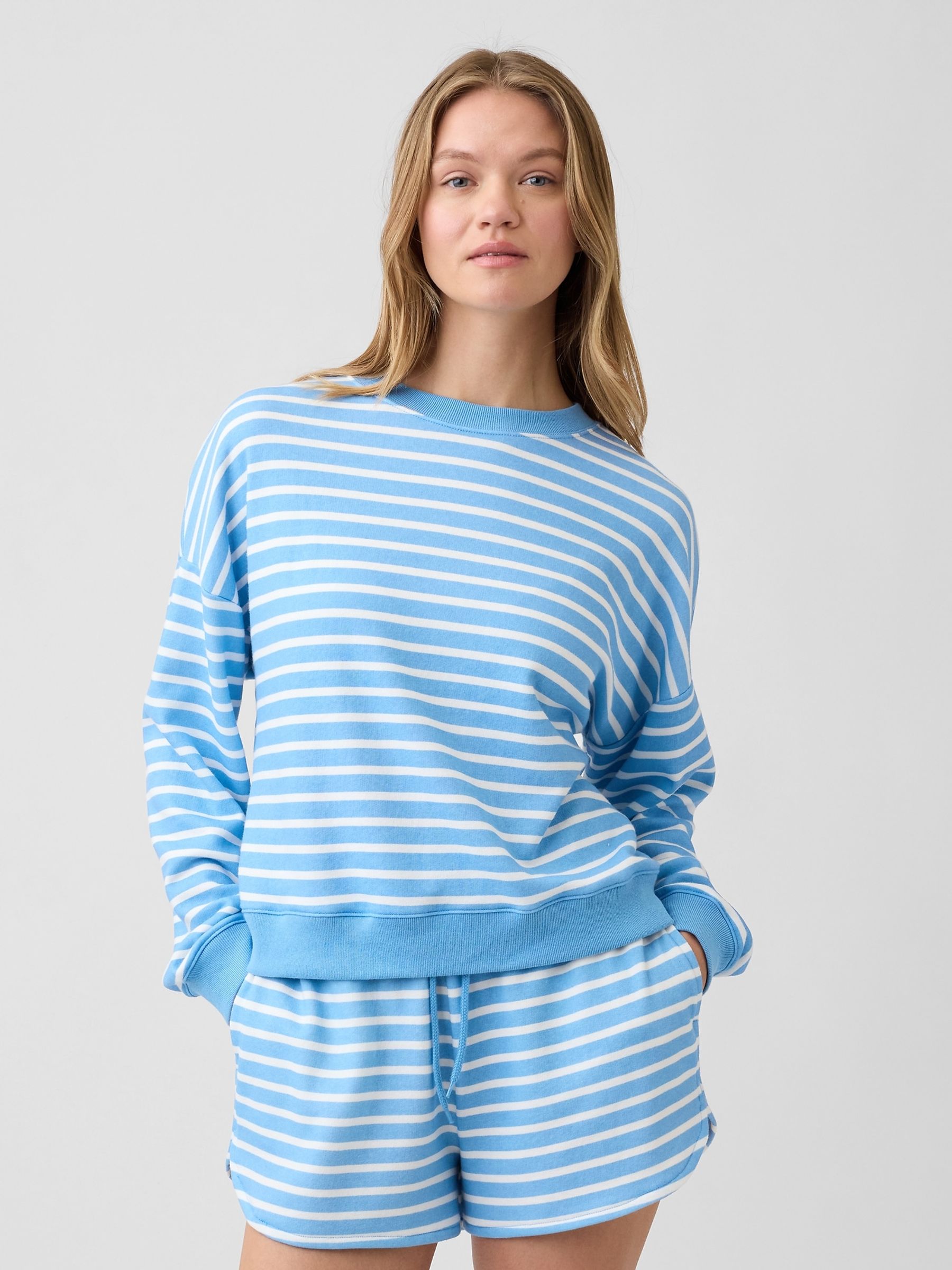 Blue/White Stripe Oversized Wedge French Terry Sweatshirt - Image 1 of 4