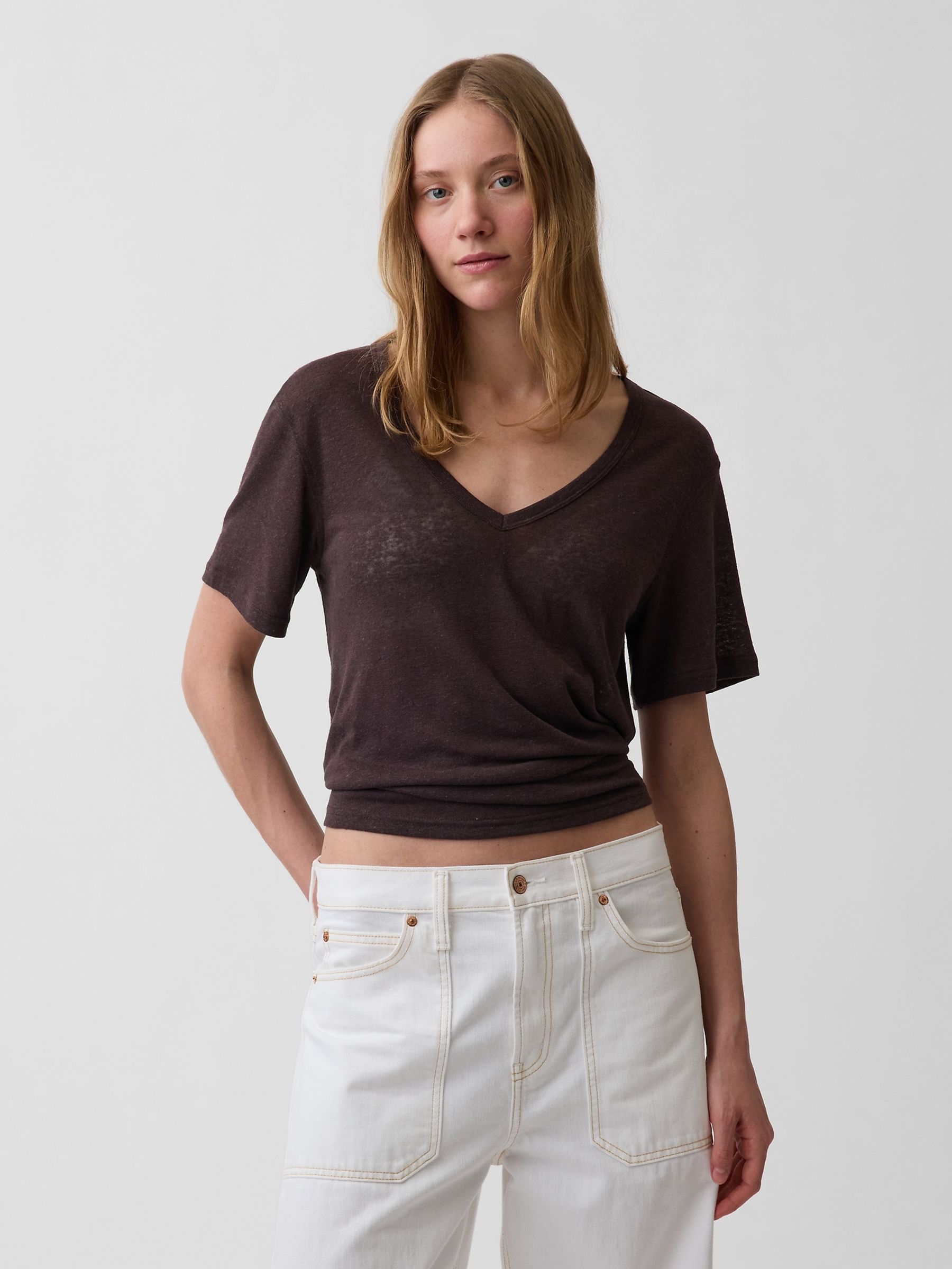Brown Linen-Blend Relaxed V-Neck T-Shirt - Image 1 of 3