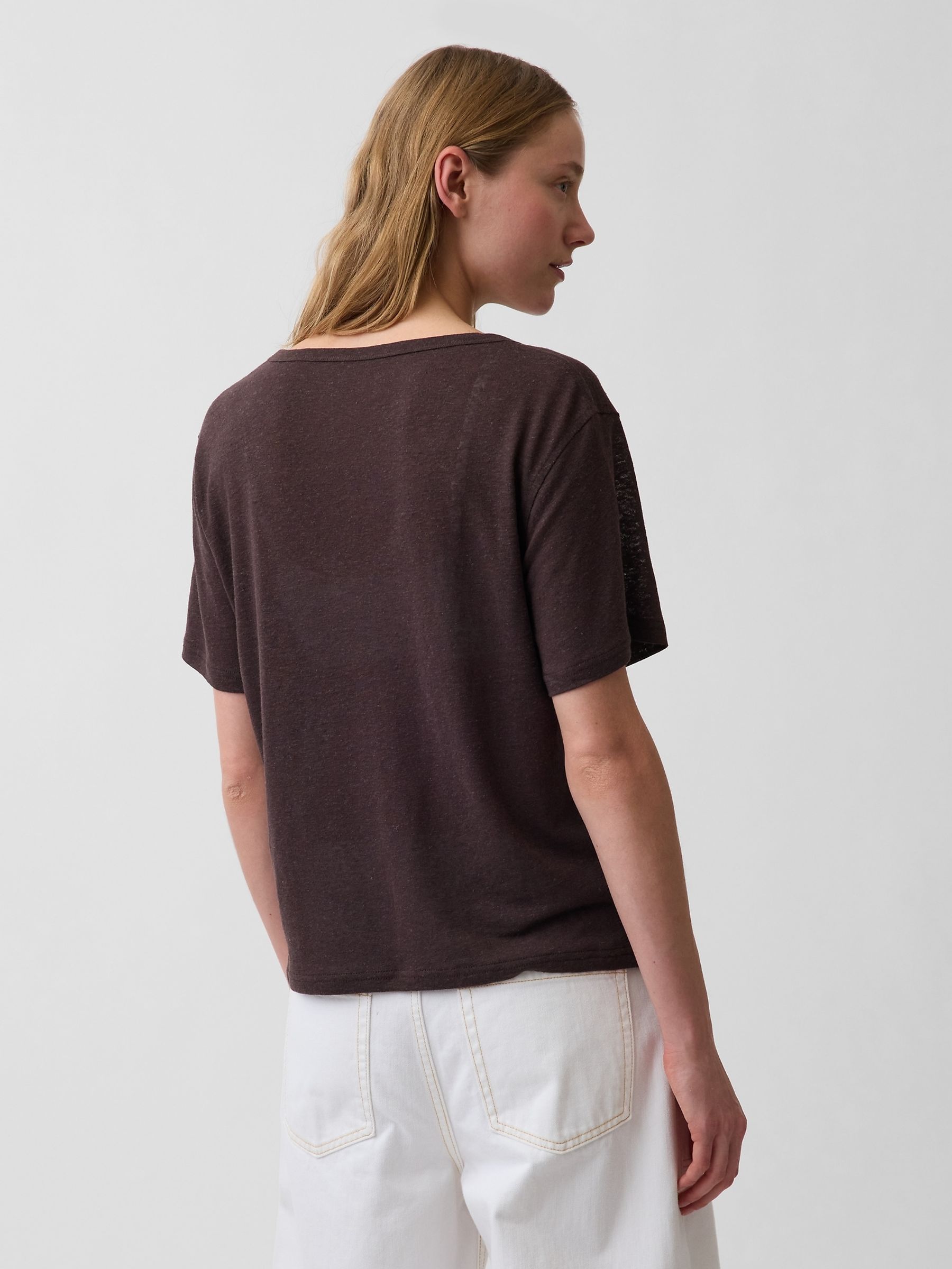 Brown Linen-Blend Relaxed V-Neck T-Shirt - Image 2 of 3