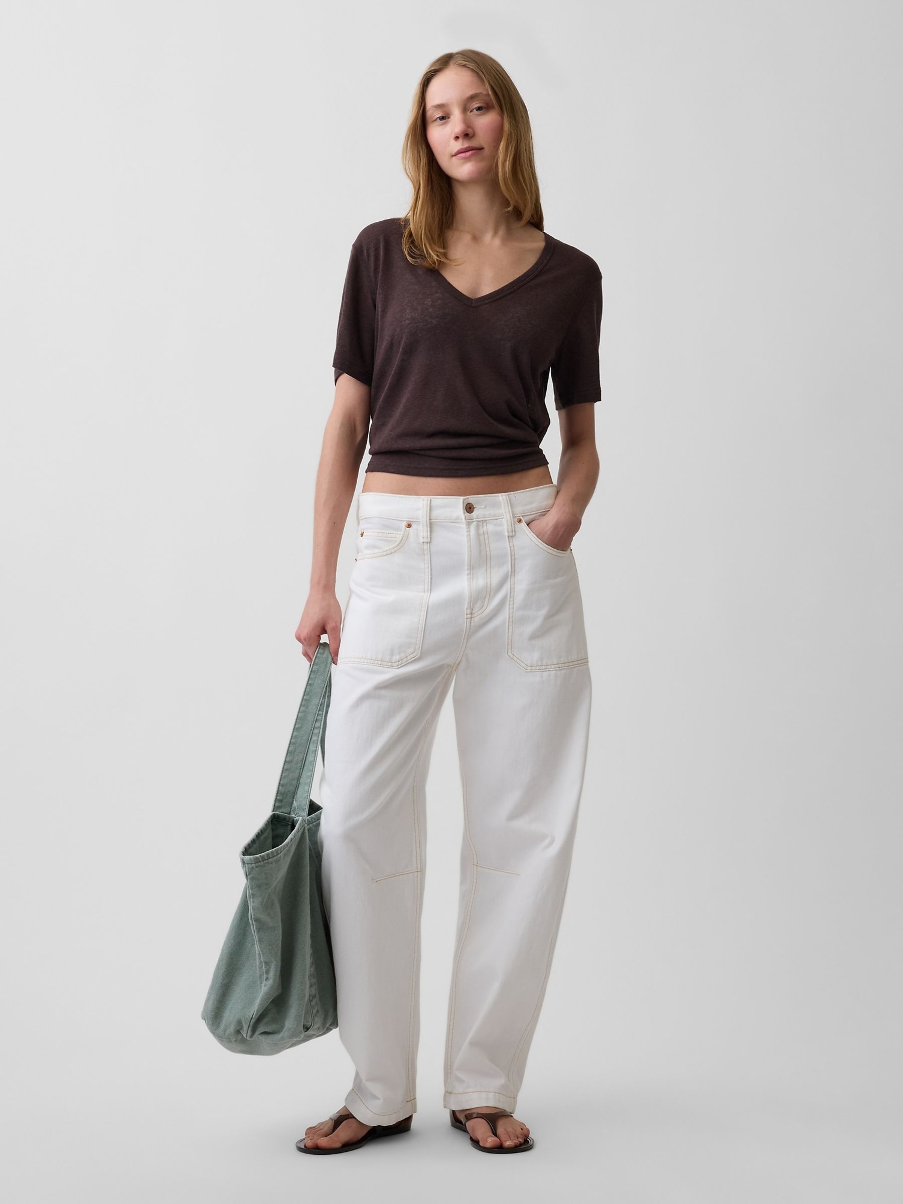Brown Linen-Blend Relaxed V-Neck T-Shirt - Image 3 of 3